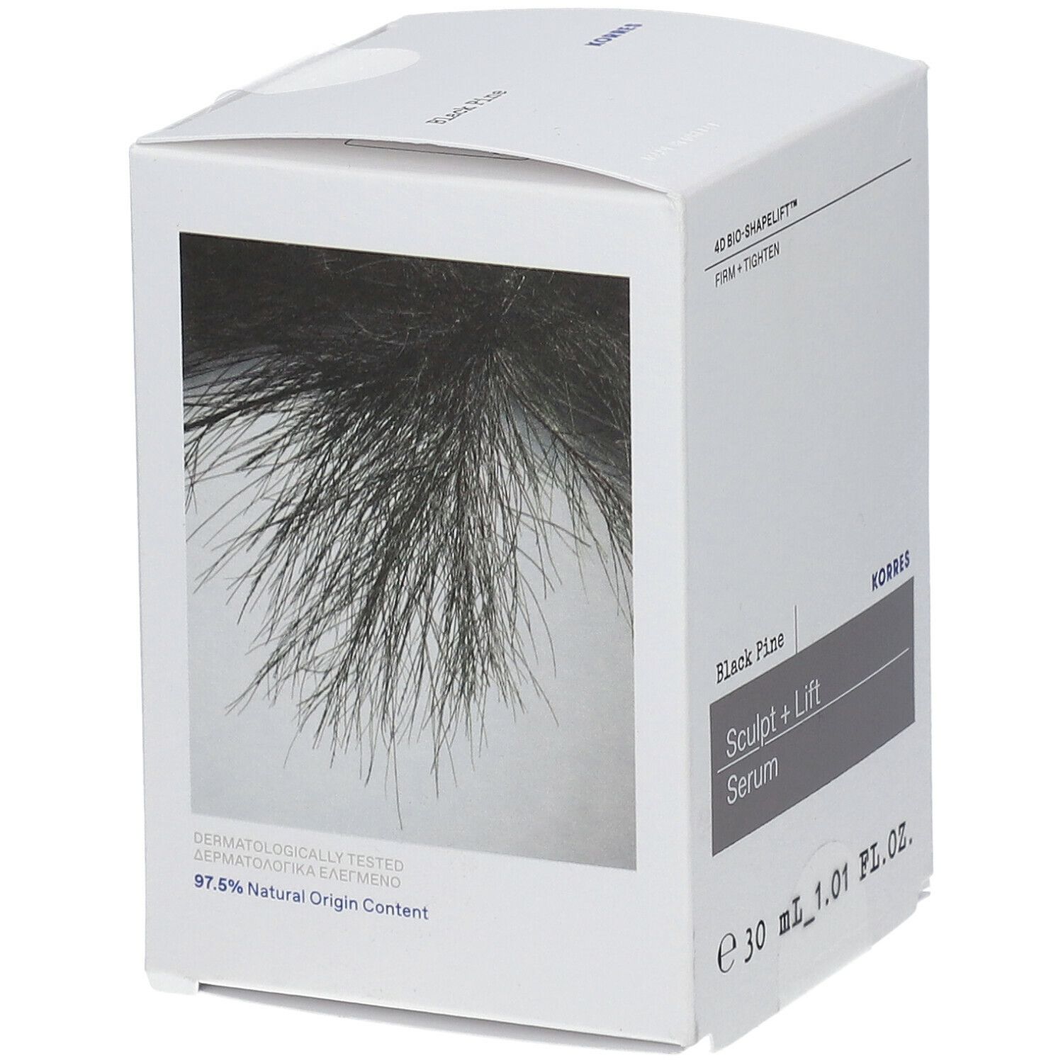 Witte verpakking met afbeelding van dennentakken. Tekst: 4D BIO-SHAPELIFT, FIRM + TIGHTEN, Black Pine, Sculpt + Lift Serum, KORRES. 30 ml.