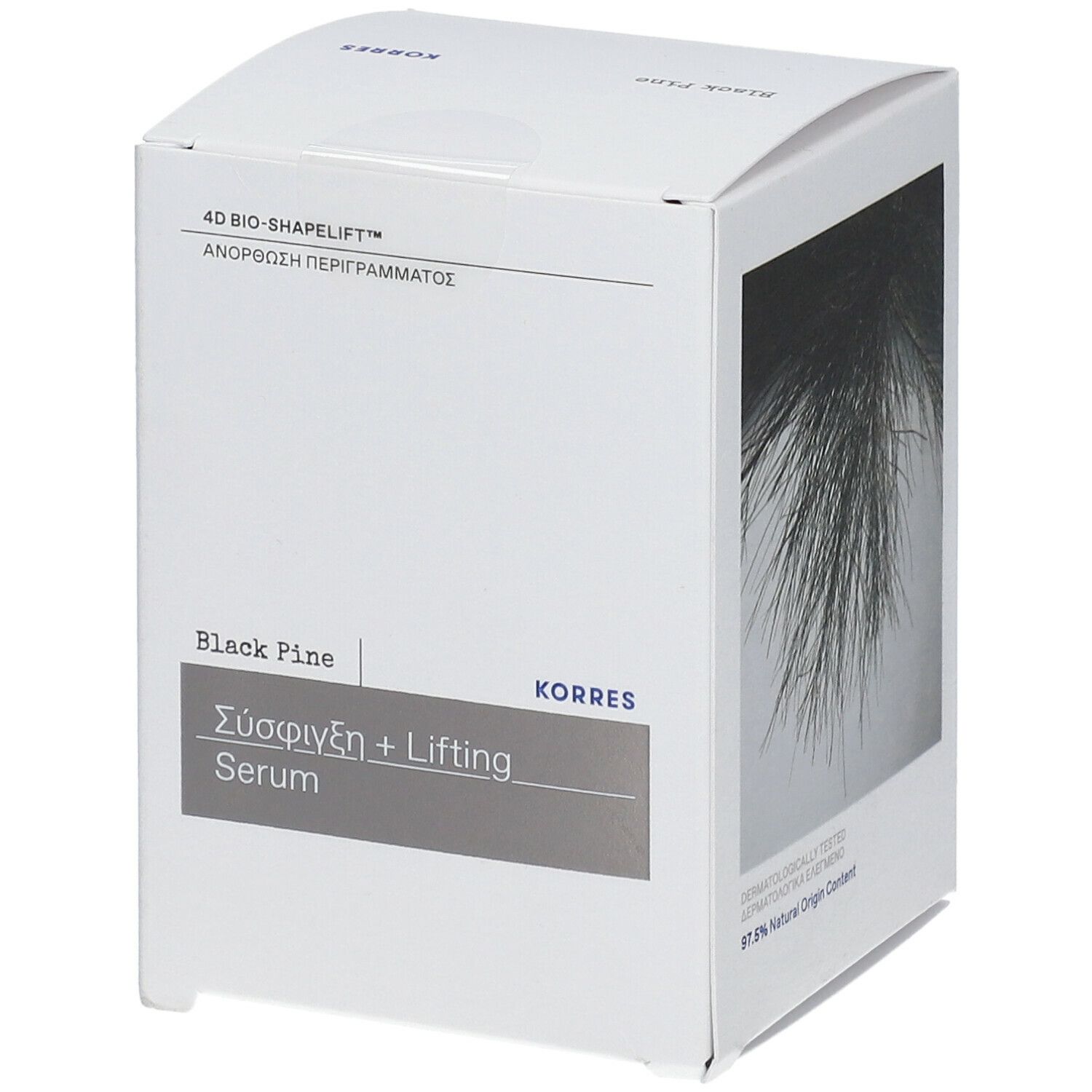 Witte verpakking met Griekse tekst. Tekst: 4D BIO-SHAPELIFT, Black Pine, Σύσφιξη + Lifting Serum, KORRES. 30 ml.
