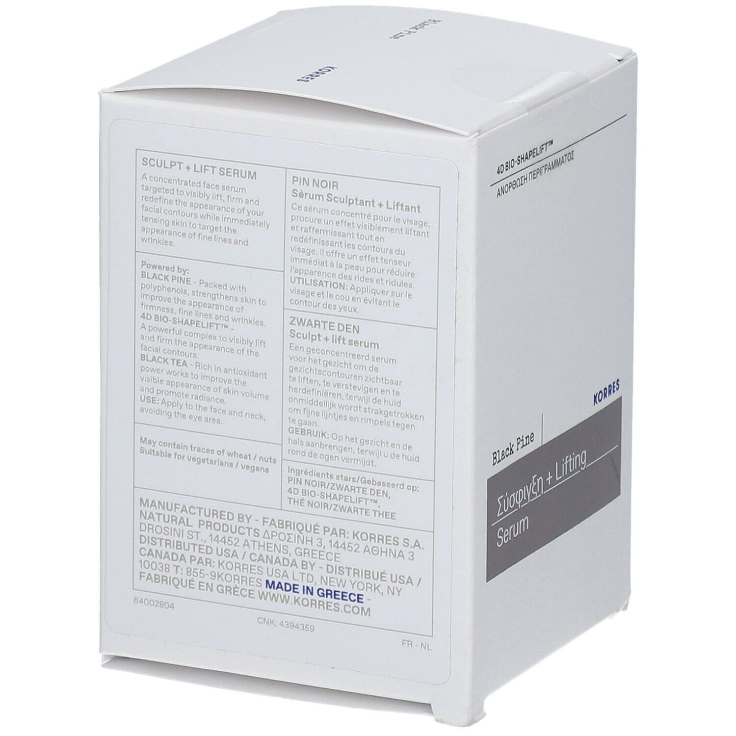 Witte verpakking met tekst en productinformatie. Tekst: 4D BIO-SHAPELIFT, Black Pine, Σύσφιξη + Lifting Serum, KORRES. Geproduceerd in Griekenland.