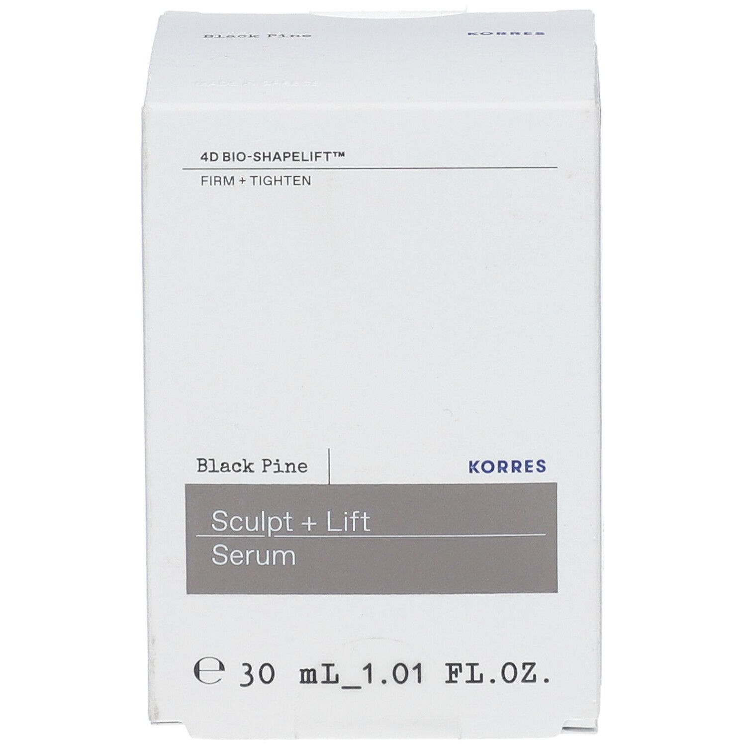 Witte verpakking. Tekst: 4D BIO-SHAPELIFT, FIRM + TIGHTEN, Black Pine, Sculpt + Lift Serum, KORRES. 30 ml.
