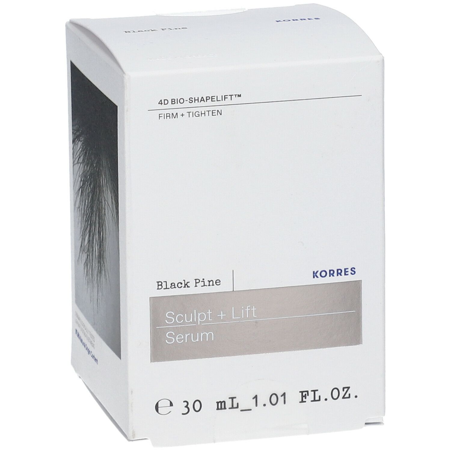 Witte verpakking met afbeelding van dennentakken. Tekst: 4D BIO-SHAPELIFT, FIRM + TIGHTEN, Black Pine, Sculpt + Lift Serum, KORRES. 30 ml.