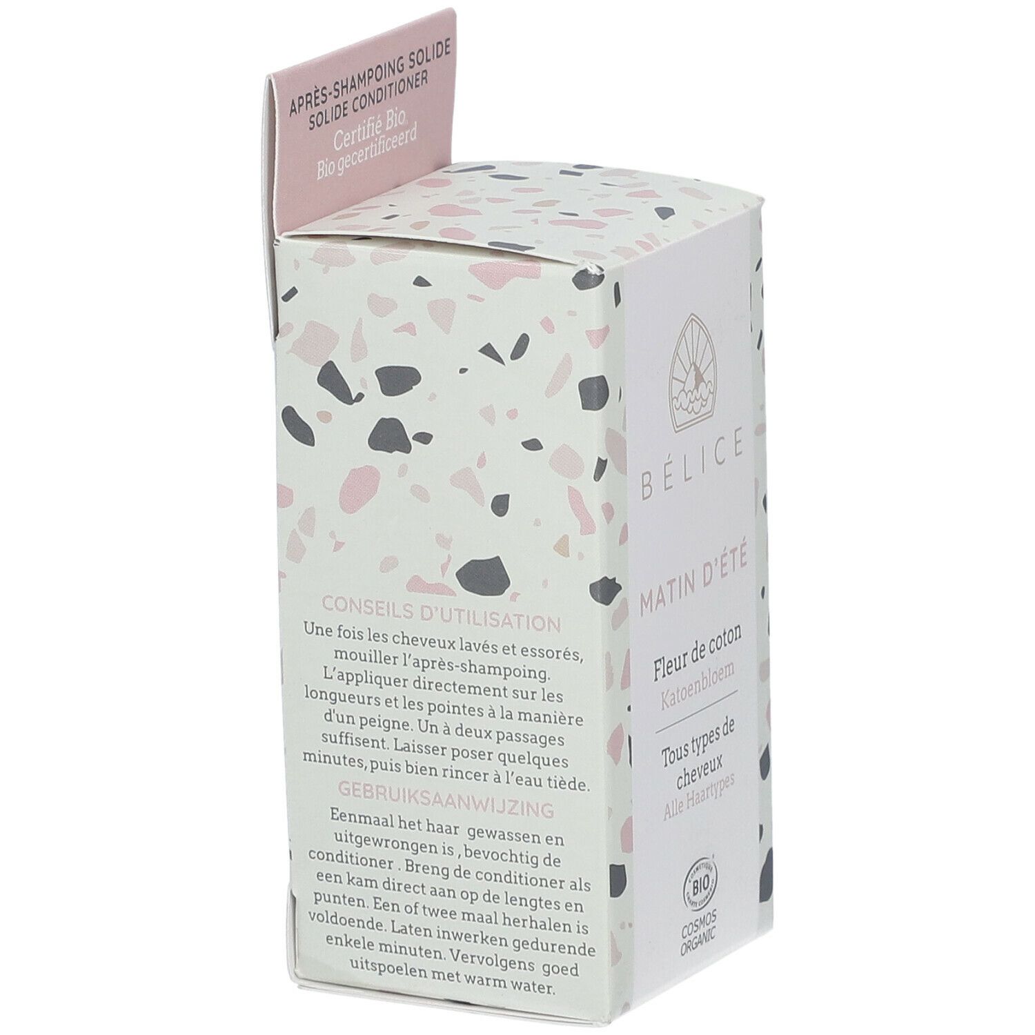 Boîte avec texte. Inscription: Conseils d'utilisation, Gebruiksaanwijzing. Produit BÉLICE, Matin d'été, Fleur de coton. Certifié Bio.