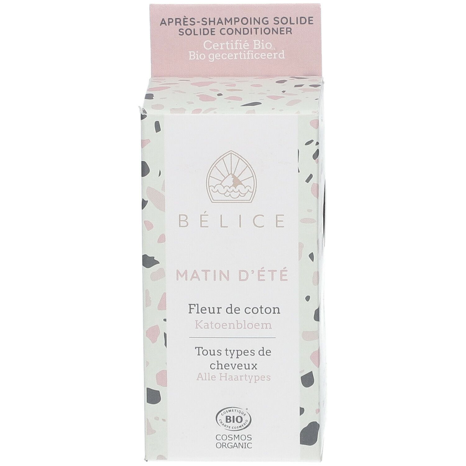 Boîte BÉLICE. Inscription: Après-shampooing solide, Matin d'été, Fleur de coton, Tous types de cheveux. Certifié Bio. Produit visible.