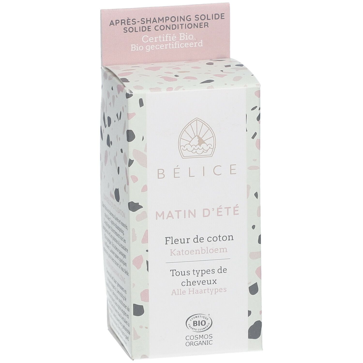 Boîte BÉLICE. Inscription: Après-shampooing solide, Matin d'été, Fleur de coton, Tous types de cheveux. Certifié Bio. Produit visible.