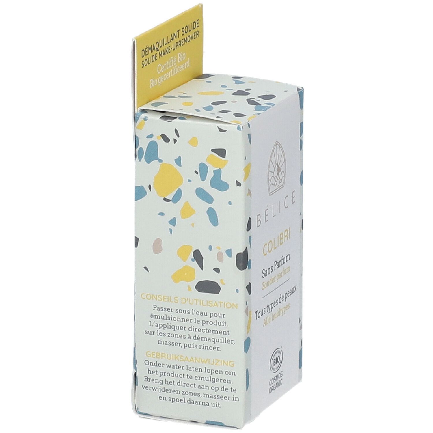 BÉLICE Kolibri make-up remover. Verpakking met instructies in het Frans en Nederlands. Cosmos Organic certificering.
