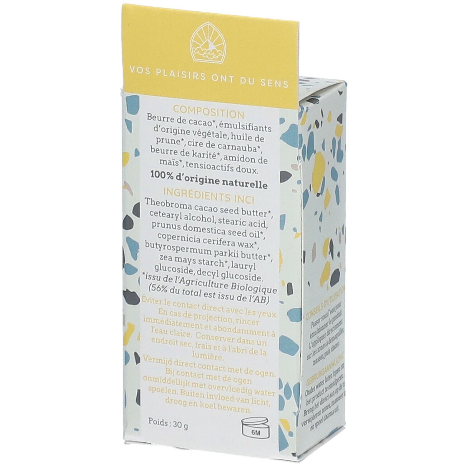 BÉLICE Kolibri make-up remover. Achterkant van de verpakking met ingrediënten en gebruiksaanwijzing. Gewicht: 30g.