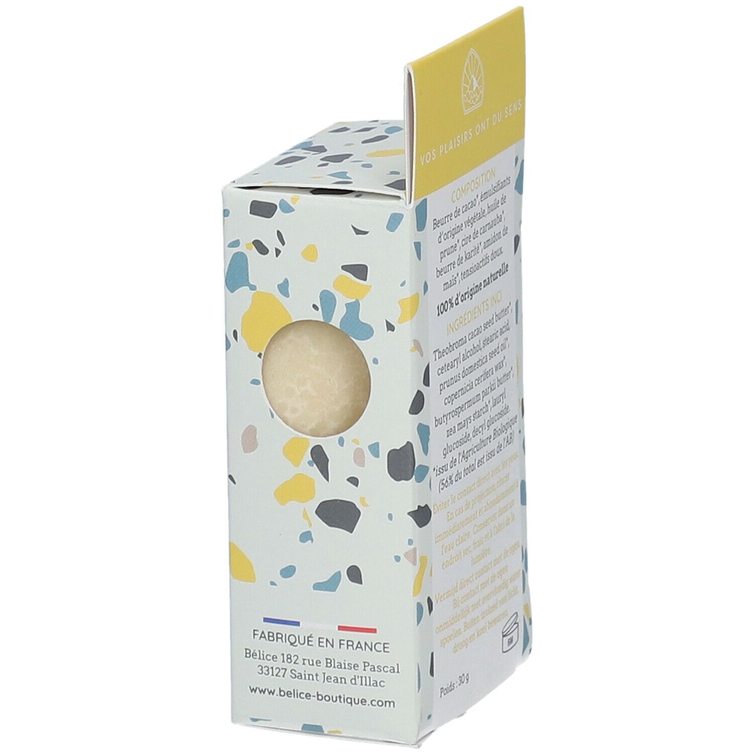 BÉLICE Kolibri make-up remover. Verpakking met product. Gemaakt in Frankrijk. 30g. Zichtbaar product.
