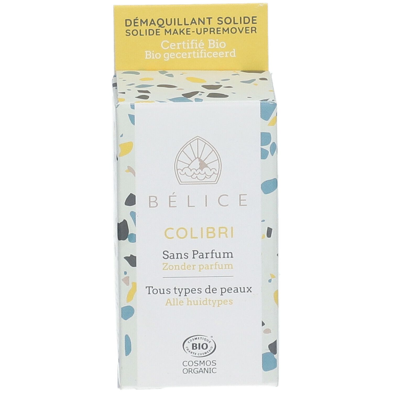 BÉLICE Kolibri make-up remover. Verpakking met gele bovenkant. Tekst: Sans Parfum, Alle huidtypes. Bio.