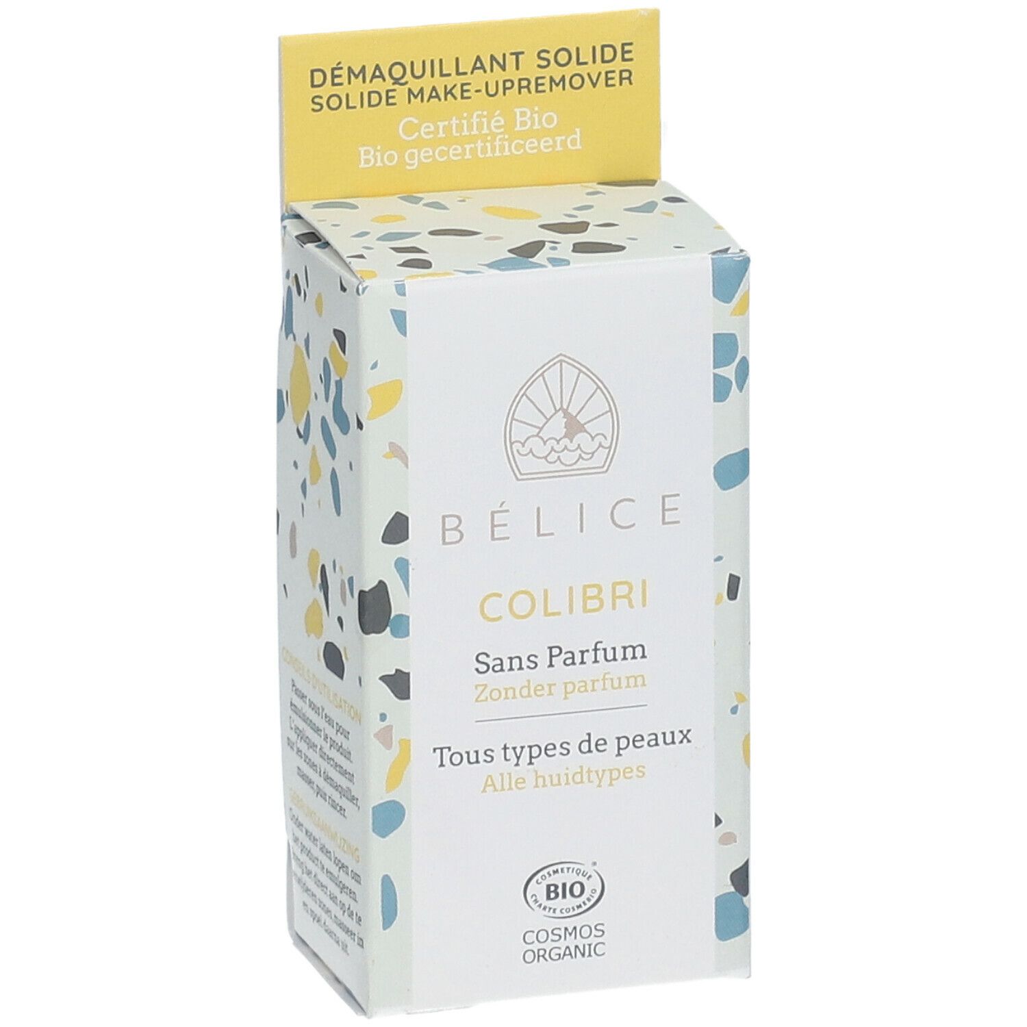 BÉLICE Kolibri make-up remover. Verpakking met gele bovenkant. Tekst: Sans Parfum, Alle huidtypes. Bio.