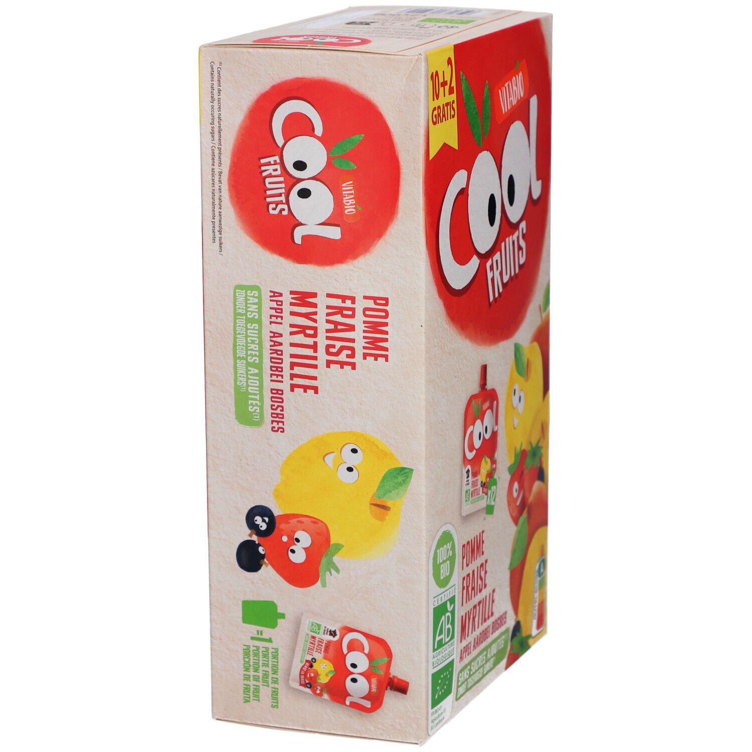 Boîte Vitabio Cool Fruits. Inscription: Pomme, Fraise, Myrtille. 10+2 gratuits. Label AB bio.