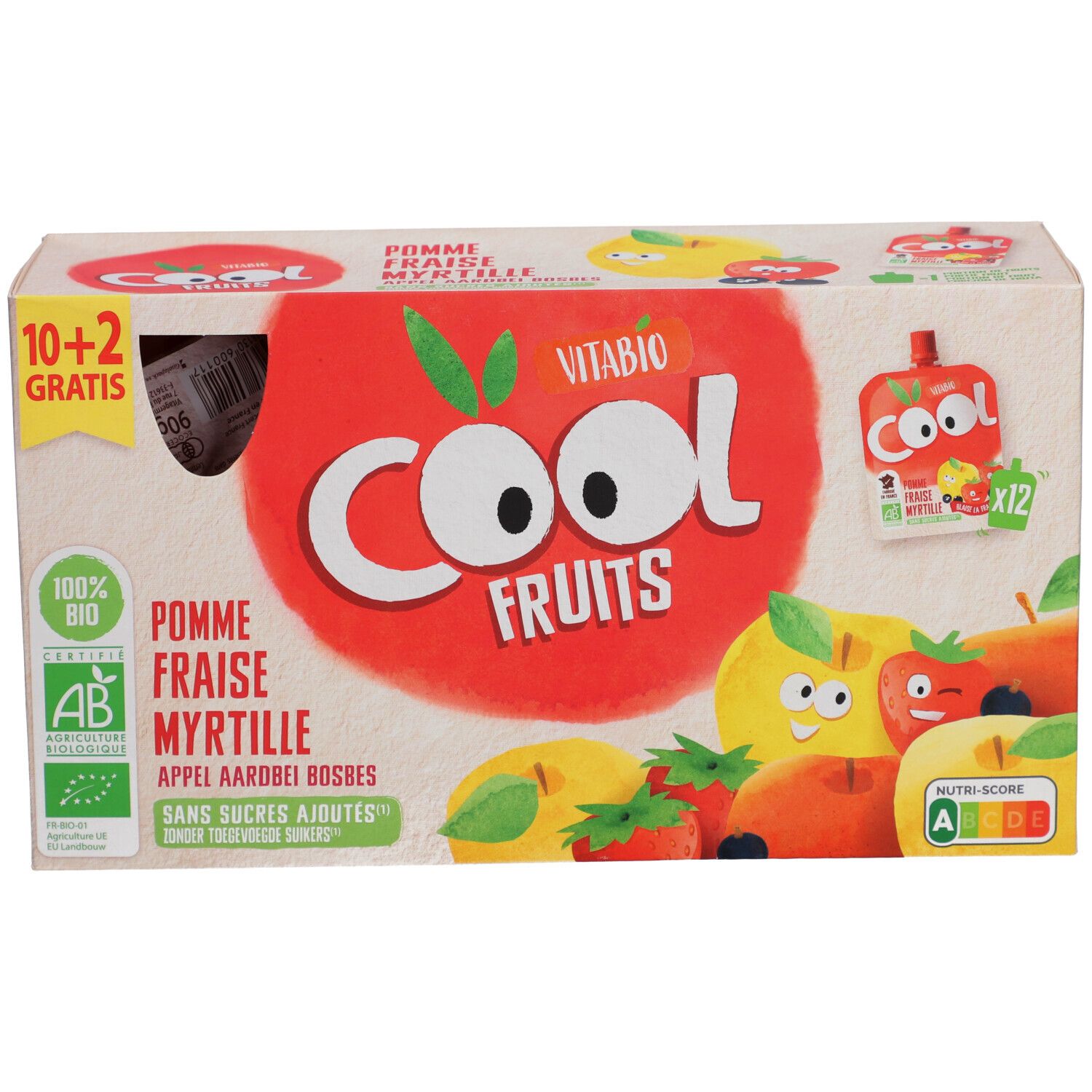 Boîte Vitabio Cool Fruits. Inscription: Pomme, Fraise, Myrtille. 10+2 gratuits. Label AB bio.
