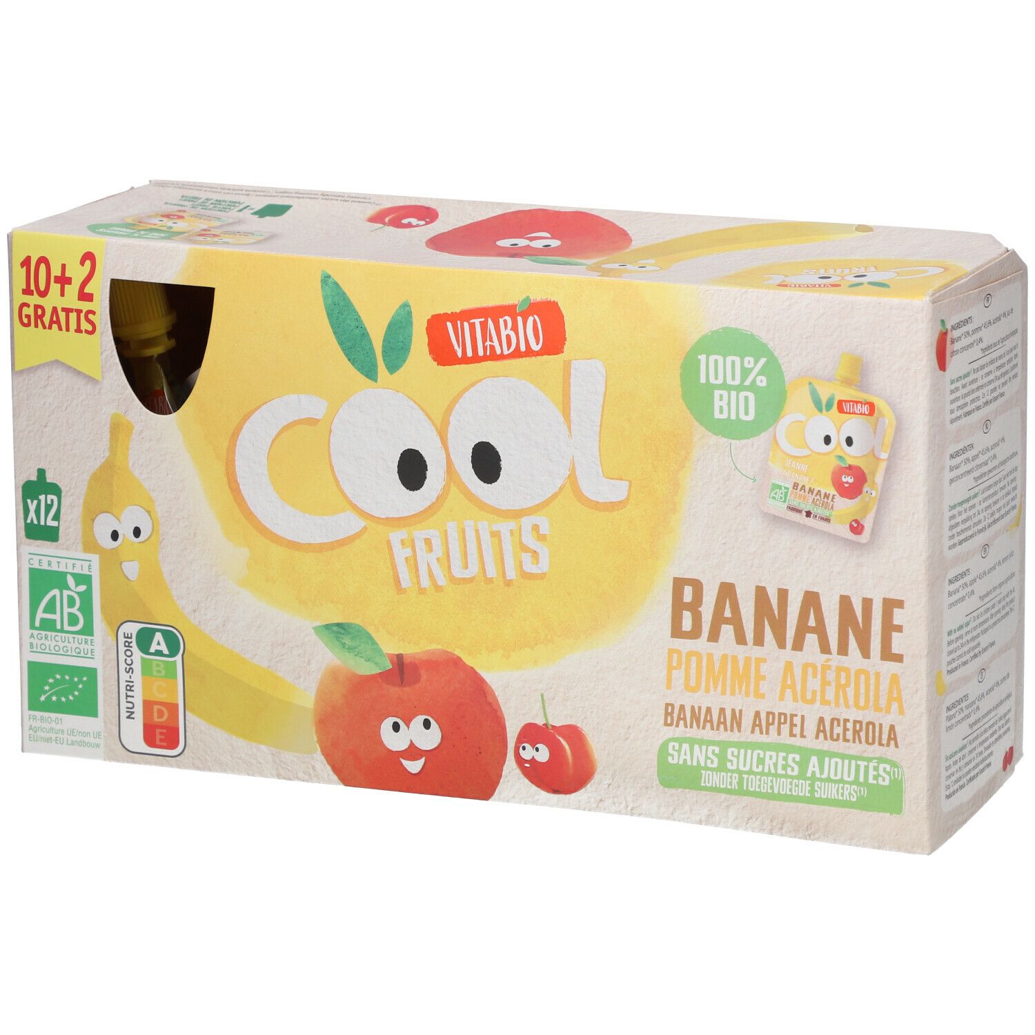 Verpakking Vitabio Cool Fruits, banaan appel acerola. Illustraties van fruit. Opschrift: 10+2 gratis, 100% bio, AB.