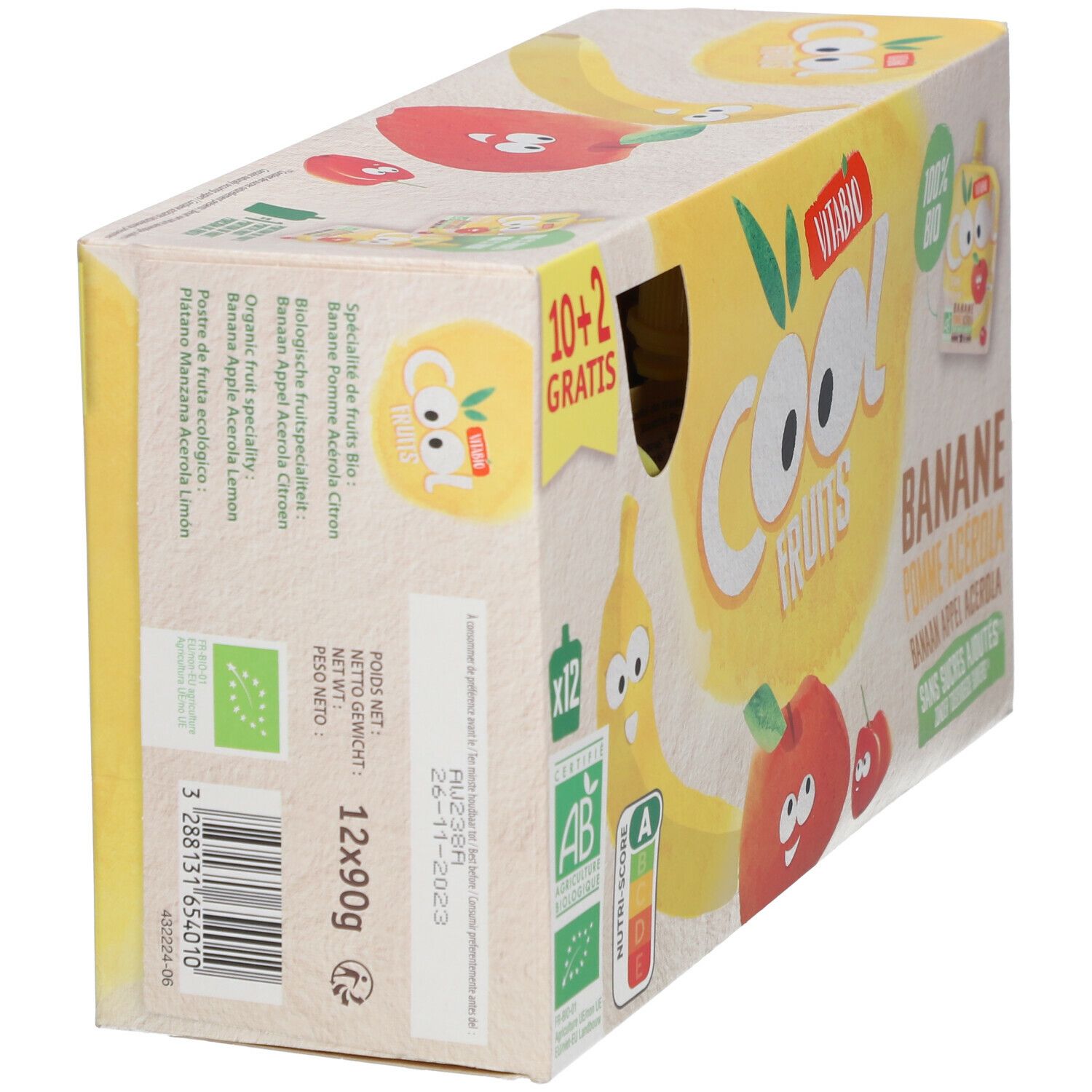 Verpakking Vitabio Cool Fruits, banaan appel acerola. Illustraties van fruit. Opschrift: 10+2 gratis, 100% bio, AB.