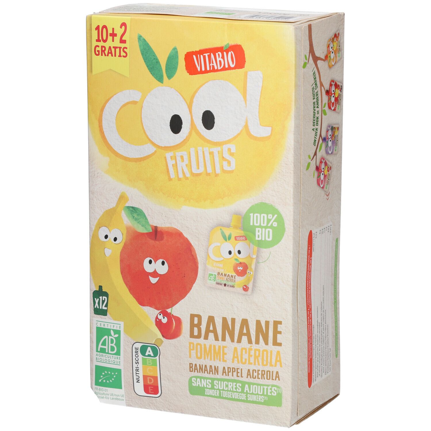 Verpakking Vitabio Cool Fruits, banaan appel acerola. Illustraties van fruit. Opschrift: 10+2 gratis, 100% bio, AB.