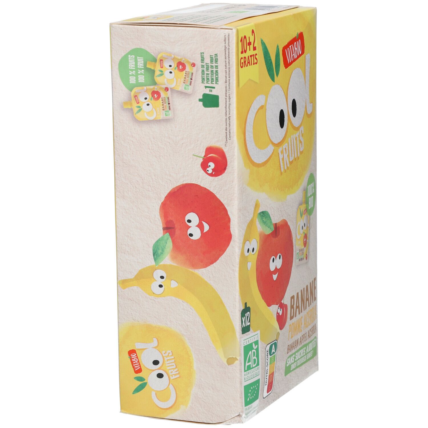 Verpakking Vitabio Cool Fruits, banaan appel acerola. Illustraties van fruit. Opschrift: 10+2 gratis, 100% bio, AB.
