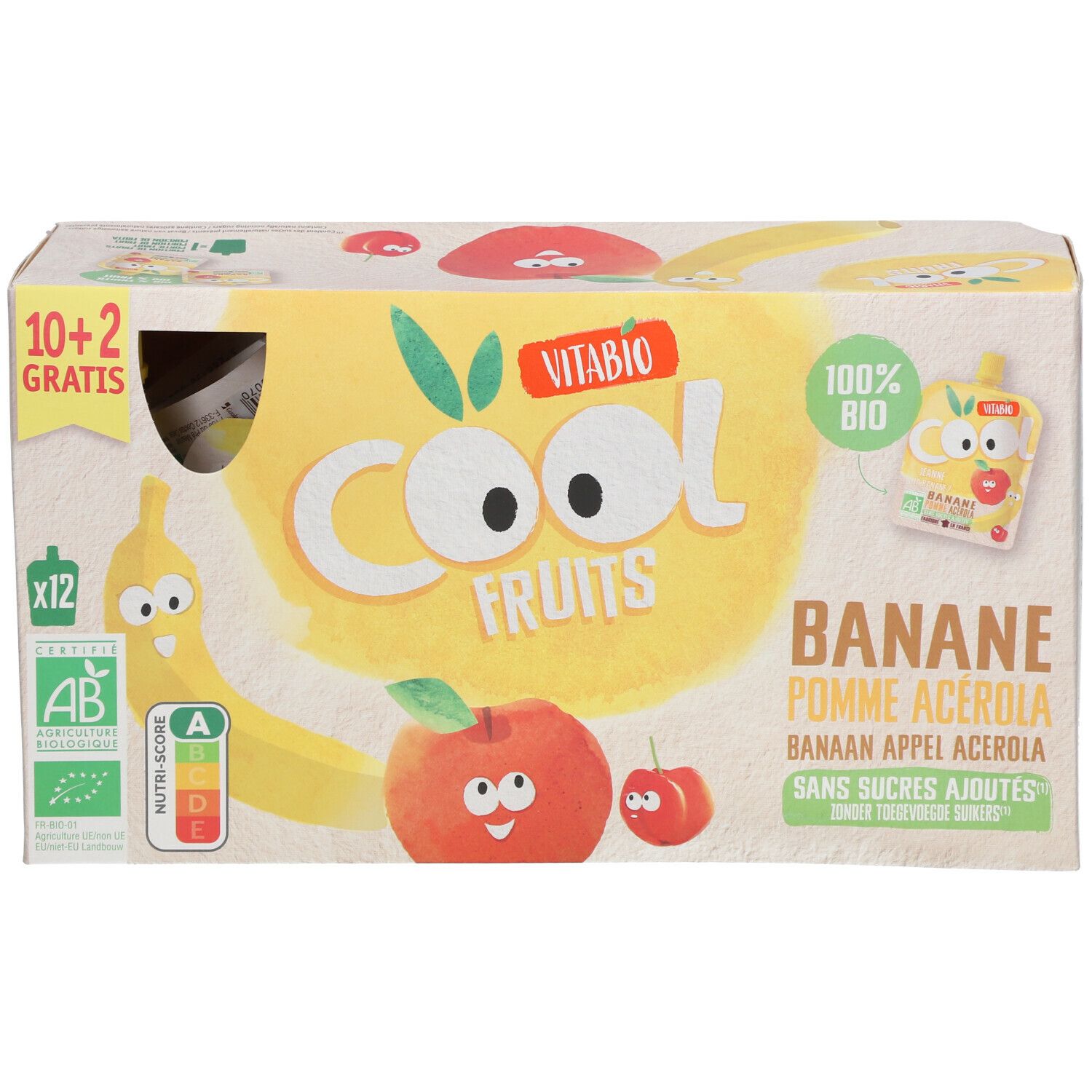 Verpakking Vitabio Cool Fruits, banaan appel acerola. Illustraties van fruit. Opschrift: 10+2 gratis, 100% bio, AB.