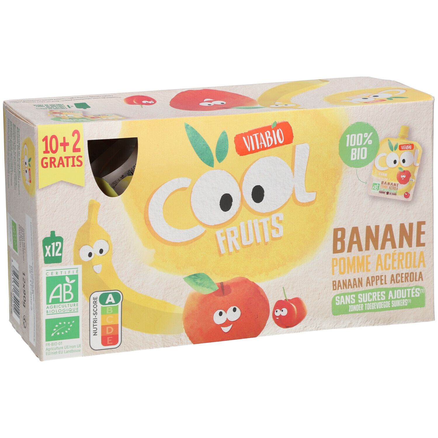 Verpakking Vitabio Cool Fruits, banaan appel acerola. Illustraties van fruit. Opschrift: 10+2 gratis, 100% bio, AB.