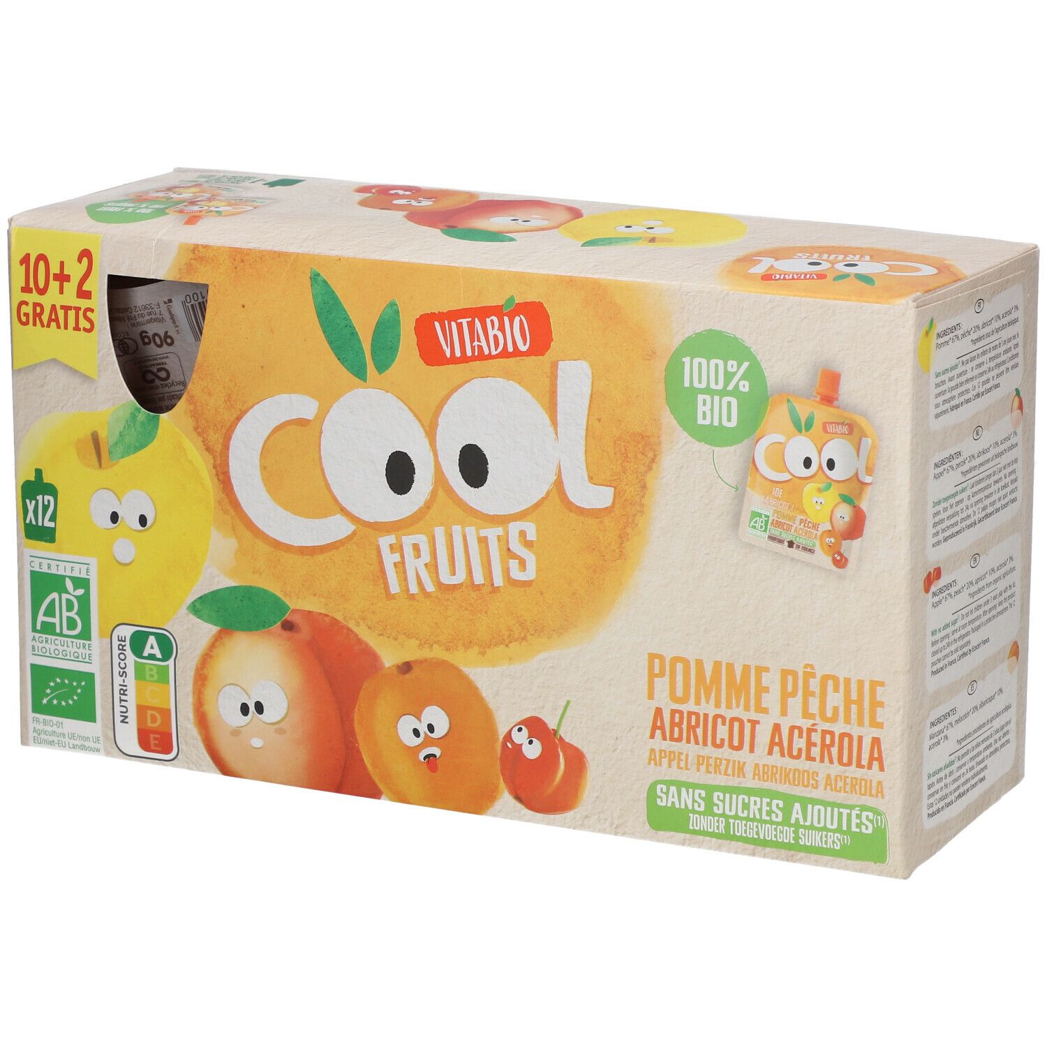 Boîte VITABIO Cool Fruits. Ingrédients : pomme, pêche, abricot, acérola. Label bio et Nutri-Score visibles.