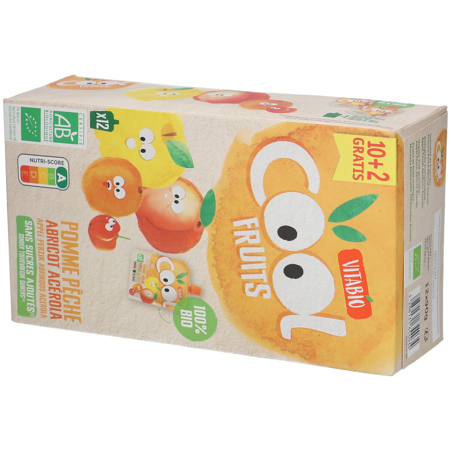 Boîte VITABIO Cool Fruits. Ingrédients : pomme, pêche, abricot, acérola. Label bio et Nutri-Score visibles.