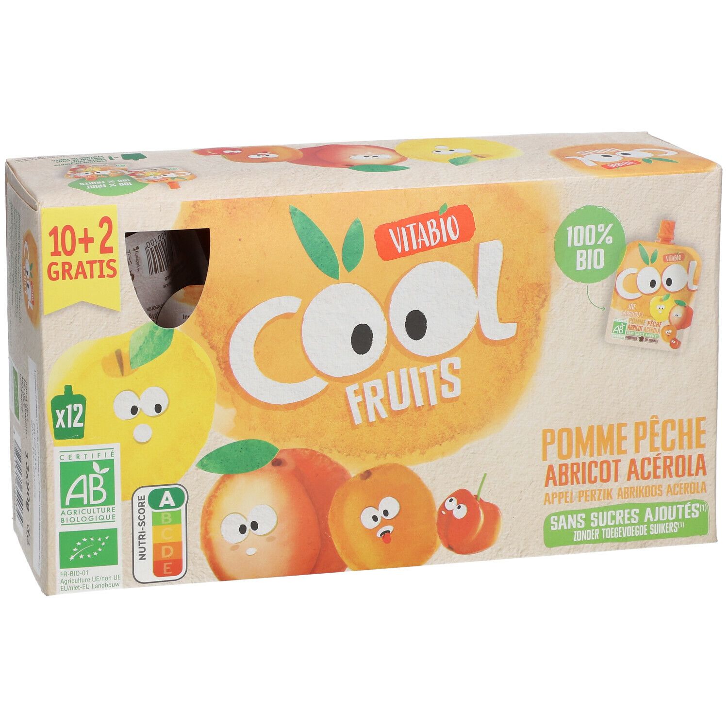 Boîte VITABIO Cool Fruits. Ingrédients : pomme, pêche, abricot, acérola. Label bio et Nutri-Score visibles.