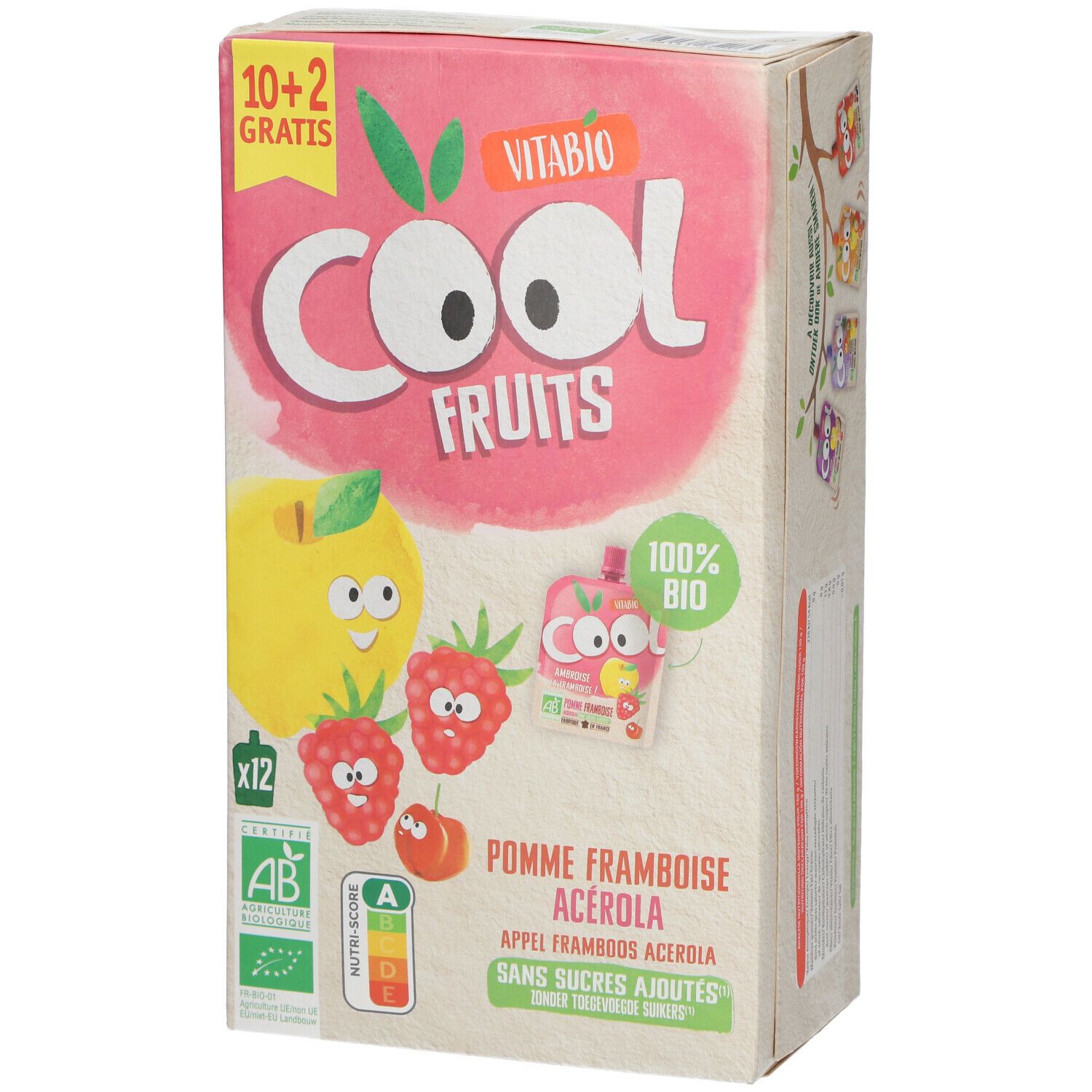 Verpakking Vitabio Cool Fruits. Afbeeldingen: appel, framboos, acerola. Opschrift: 10+2 gratis. Bio-keurmerk.