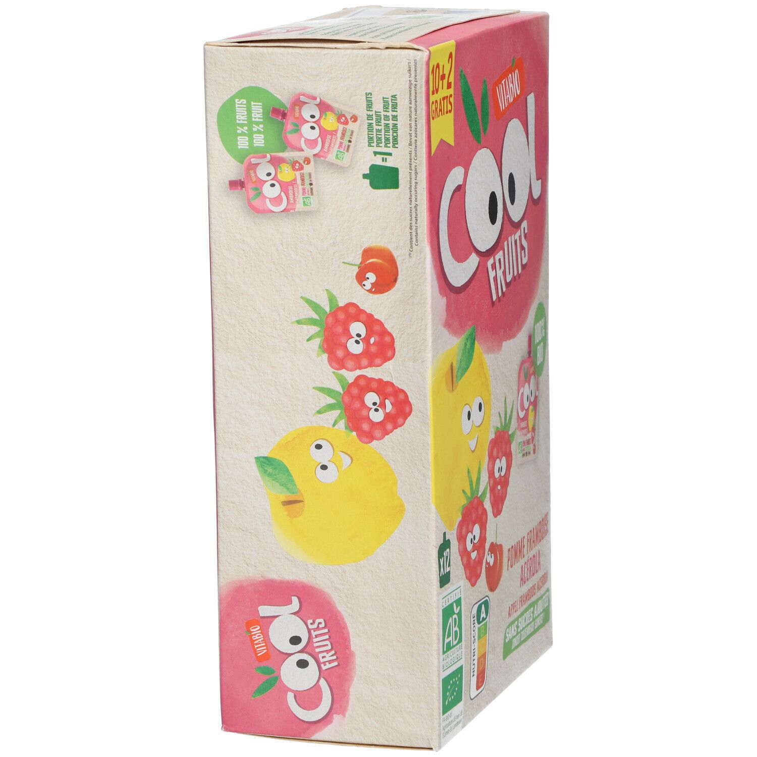 Zijaanzicht van de Vitabio Cool Fruits verpakking. Afbeeldingen: appel, framboos. Opschrift: 10+2 gratis. Bio-keurmerk.