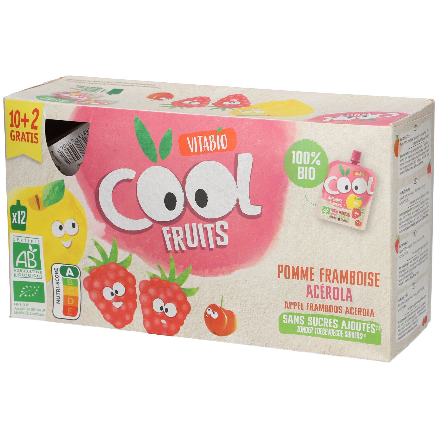 Vitabio Cool Fruits verpakking. Afbeeldingen: appel, framboos, acerola. Opschrift: 10+2 gratis. Bio-keurmerk. 12 zakjes.