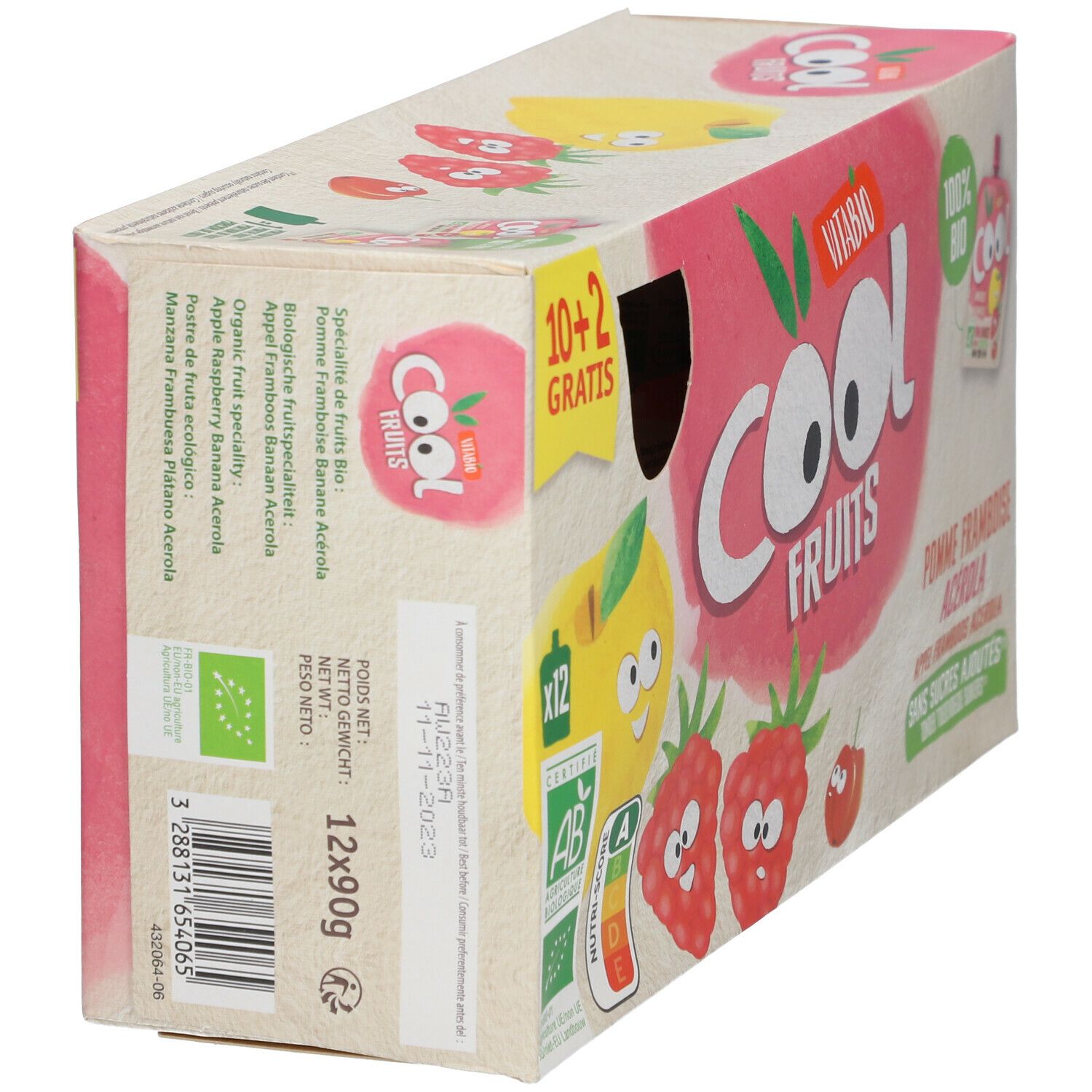 Verpakking Vitabio Cool Fruits. Opschriften: appel, framboos, acerola. 10+2 gratis. Bio-keurmerk. Voedingswaardetabel.
