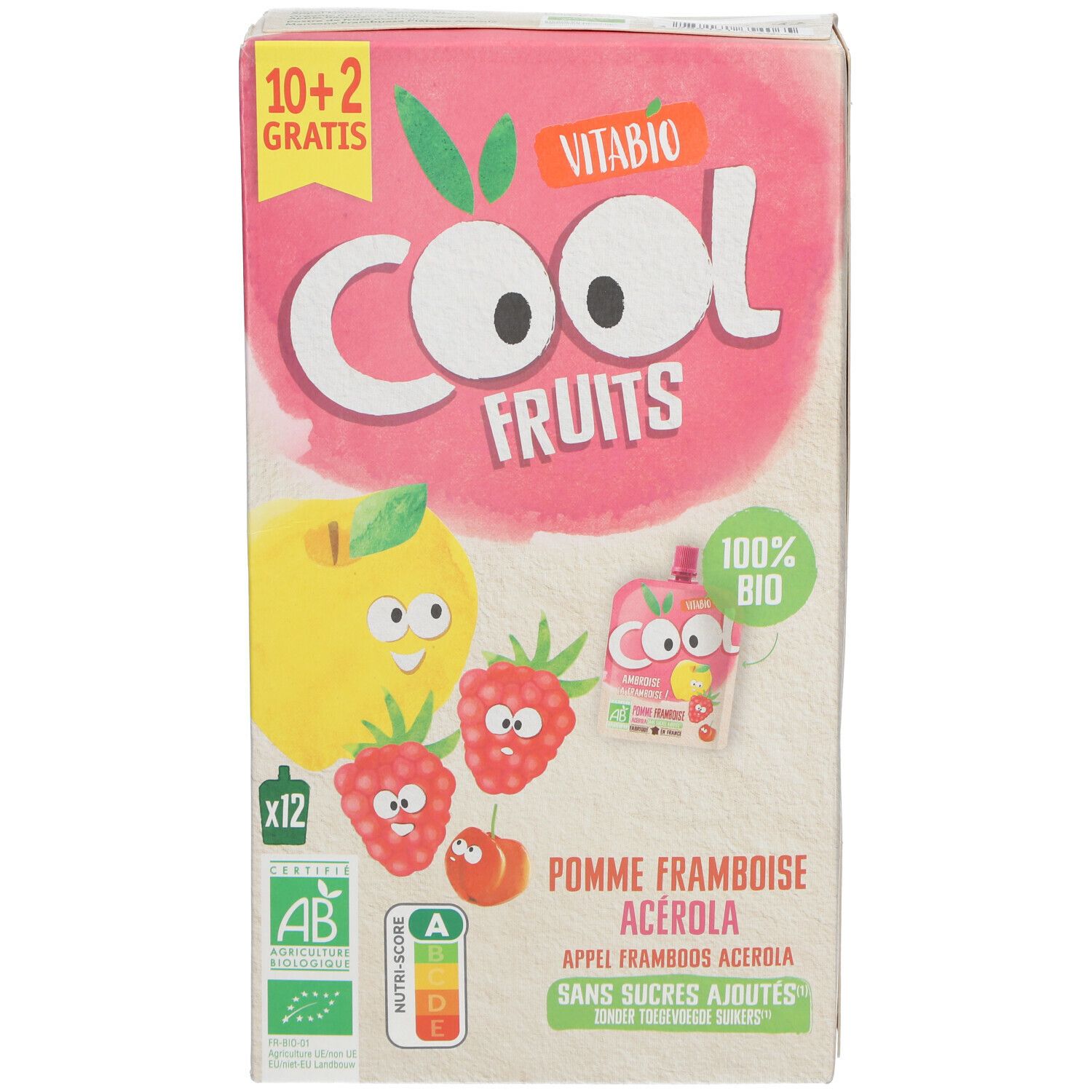 Vitabio Cool Fruits verpakking. Afbeeldingen: appel, framboos, acerola. Opschrift: 10+2 gratis. Bio-keurmerk. 12 zakjes.
