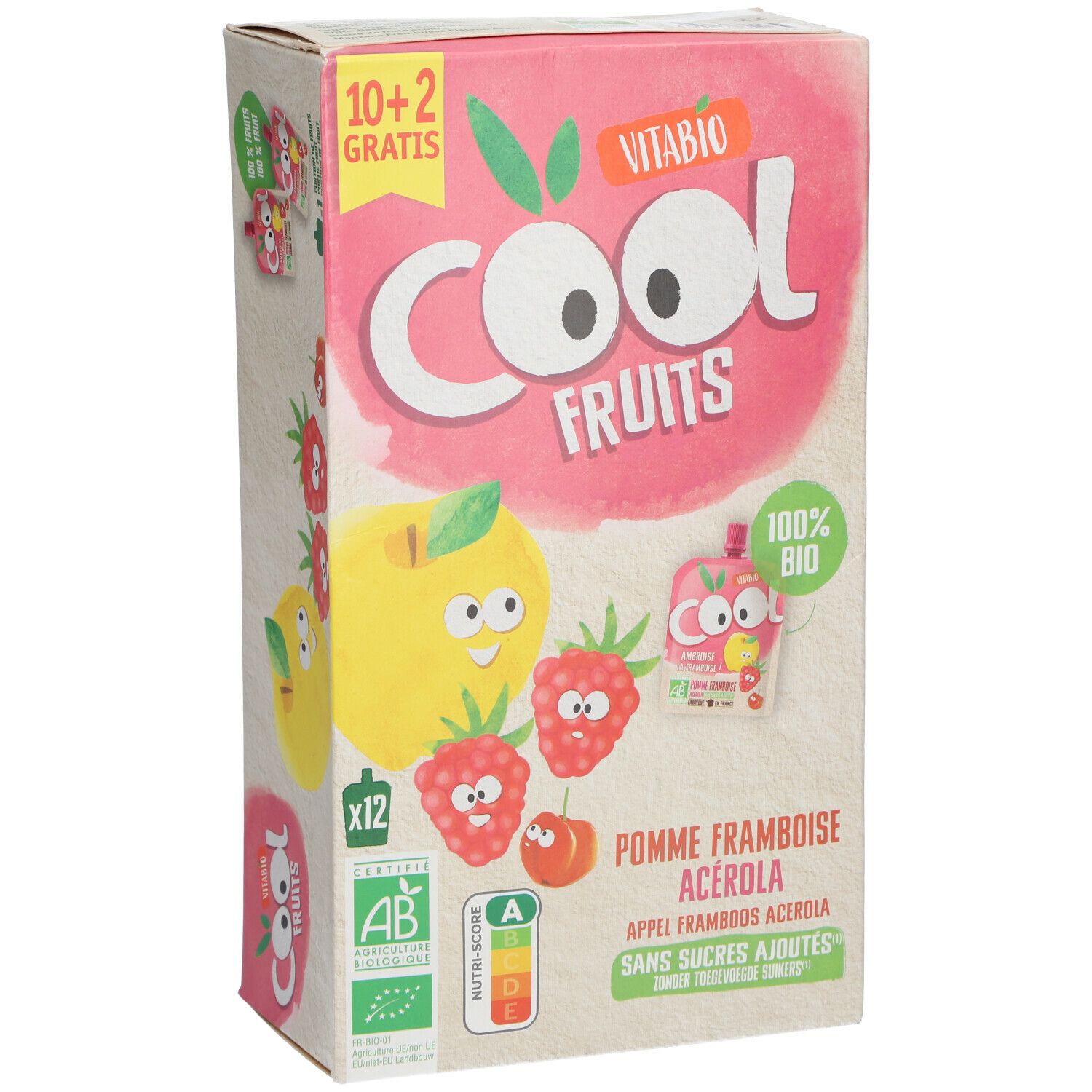 Vitabio Cool Fruits verpakking. Afbeeldingen: appel, framboos, acerola. Opschrift: 10+2 gratis. Bio-keurmerk. 12 zakjes.