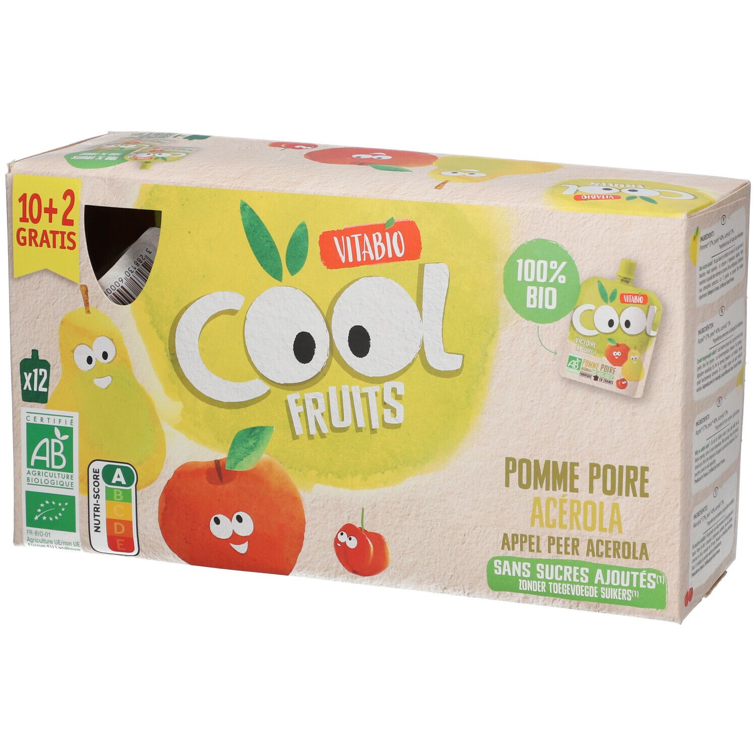 Verpakking met 12 zakjes Cool Fruits Pomme - Poire Bio. Opschriften: Vitabio, Cool Fruits, 100% Bio, AB-keurmerk, Nutri-Score.