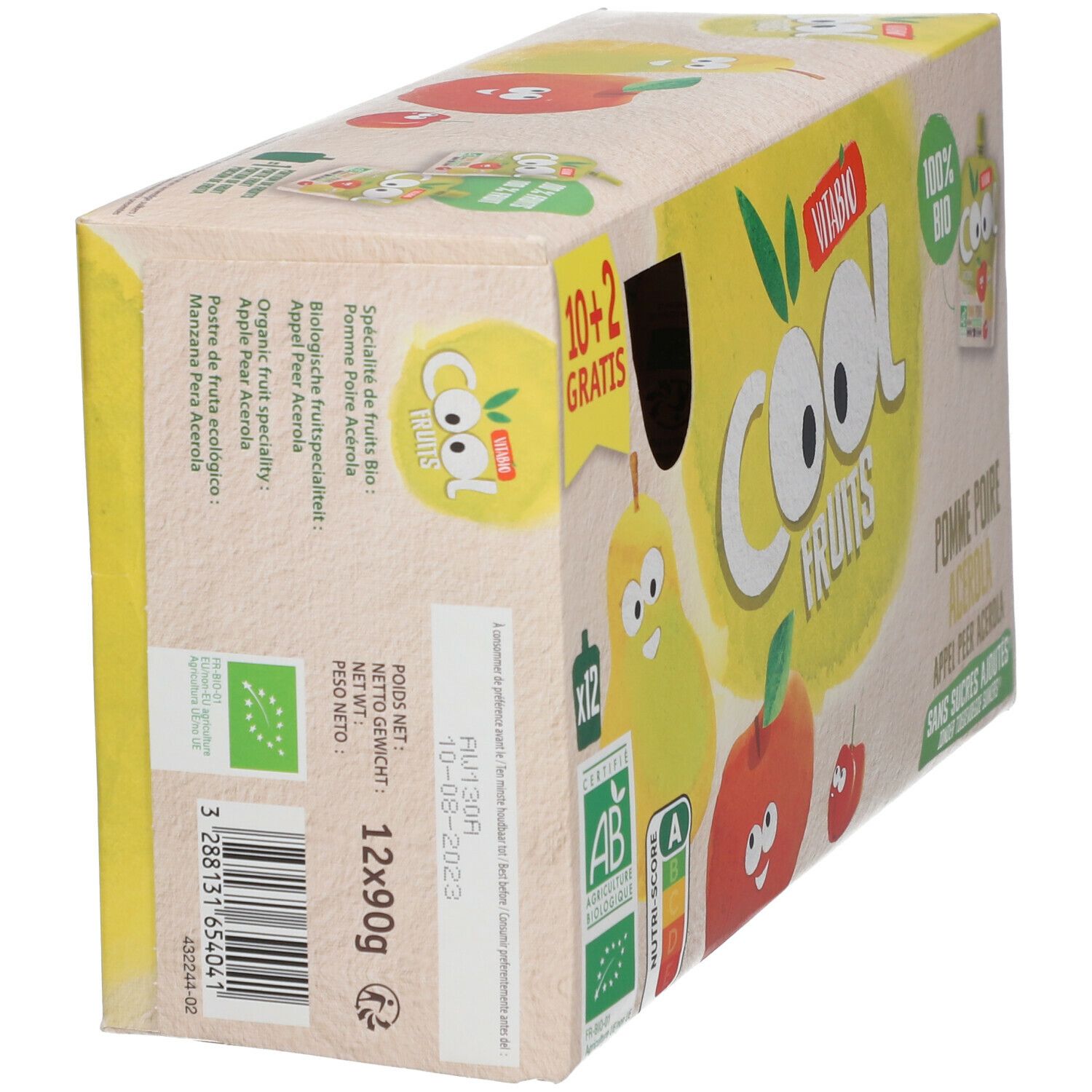 Verpakking Cool Fruits Pomme - Poire Bio. Opschriften: Vitabio, Cool Fruits, 10+2 gratis, 12x90g, AB-keurmerk, houdbaarheidsdatum.