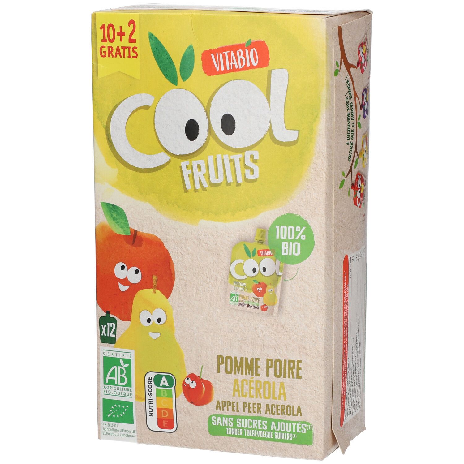 Verpakking Cool Fruits Pomme - Poire Bio. Opschriften: Vitabio, Cool Fruits, 100% Bio, AB-keurmerk, Nutri-Score, 12 zakjes.