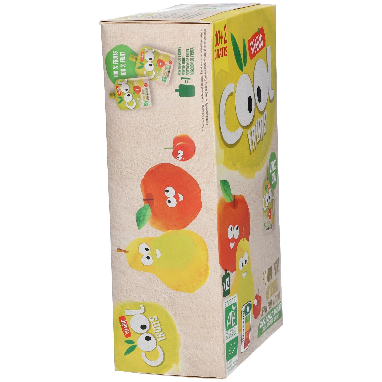 Verpakking Cool Fruits Pomme - Poire Bio. Opschriften: Vitabio, Cool Fruits, 100% Bio, AB-keurmerk, Nutri-Score, 12 zakjes.