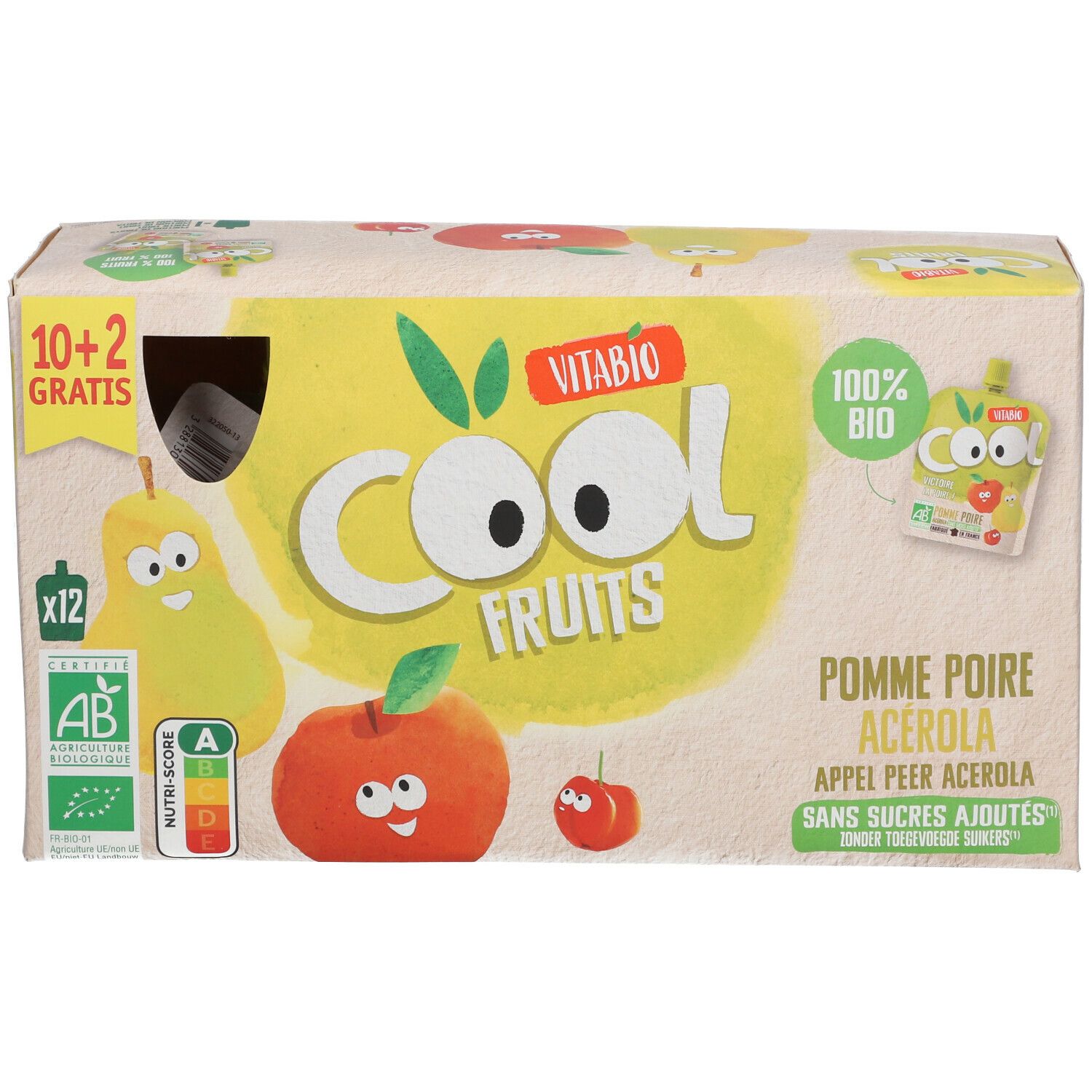 Verpakking Cool Fruits Pomme - Poire Bio. Opschriften: Vitabio, Cool Fruits, 100% Bio, AB-keurmerk, Nutri-Score, 12 zakjes.