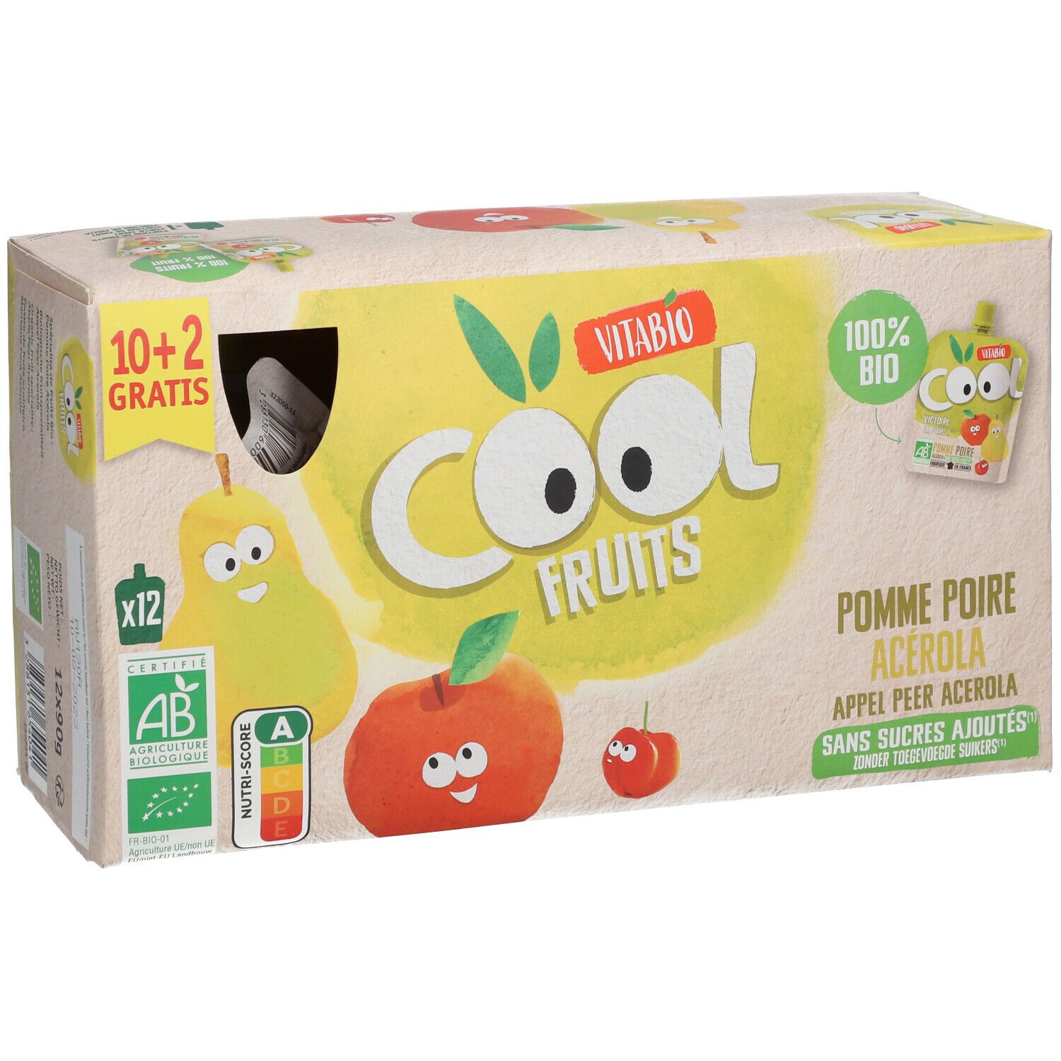 Verpakking Cool Fruits Pomme - Poire Bio. Opschriften: Vitabio, Cool Fruits, 100% Bio, AB-keurmerk, Nutri-Score, 12 zakjes.