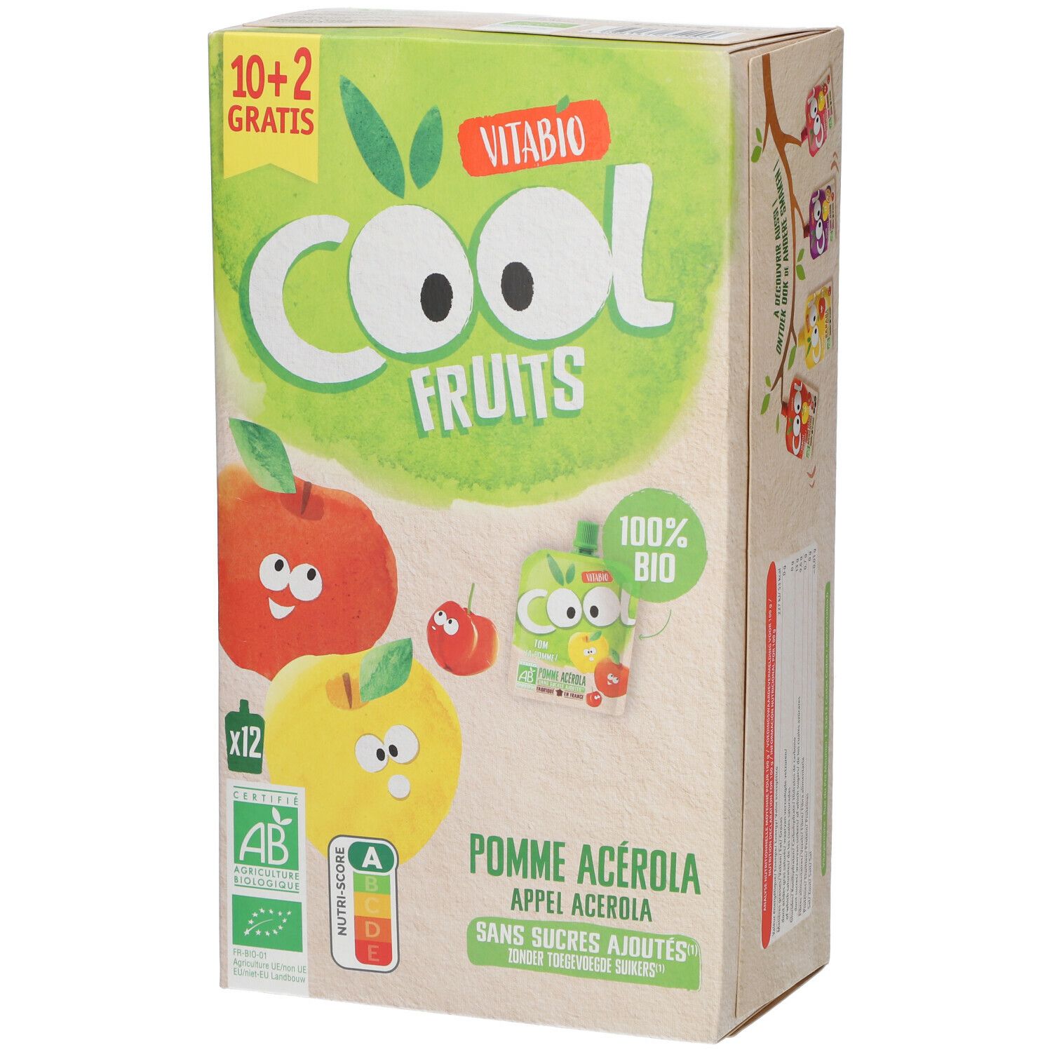 Doos Vitabio Cool Fruits Pomme Acerola. Opschriften: 10+2 gratis, biologisch label, Nutri-Score. Illustraties van appels en puree-zakjes.