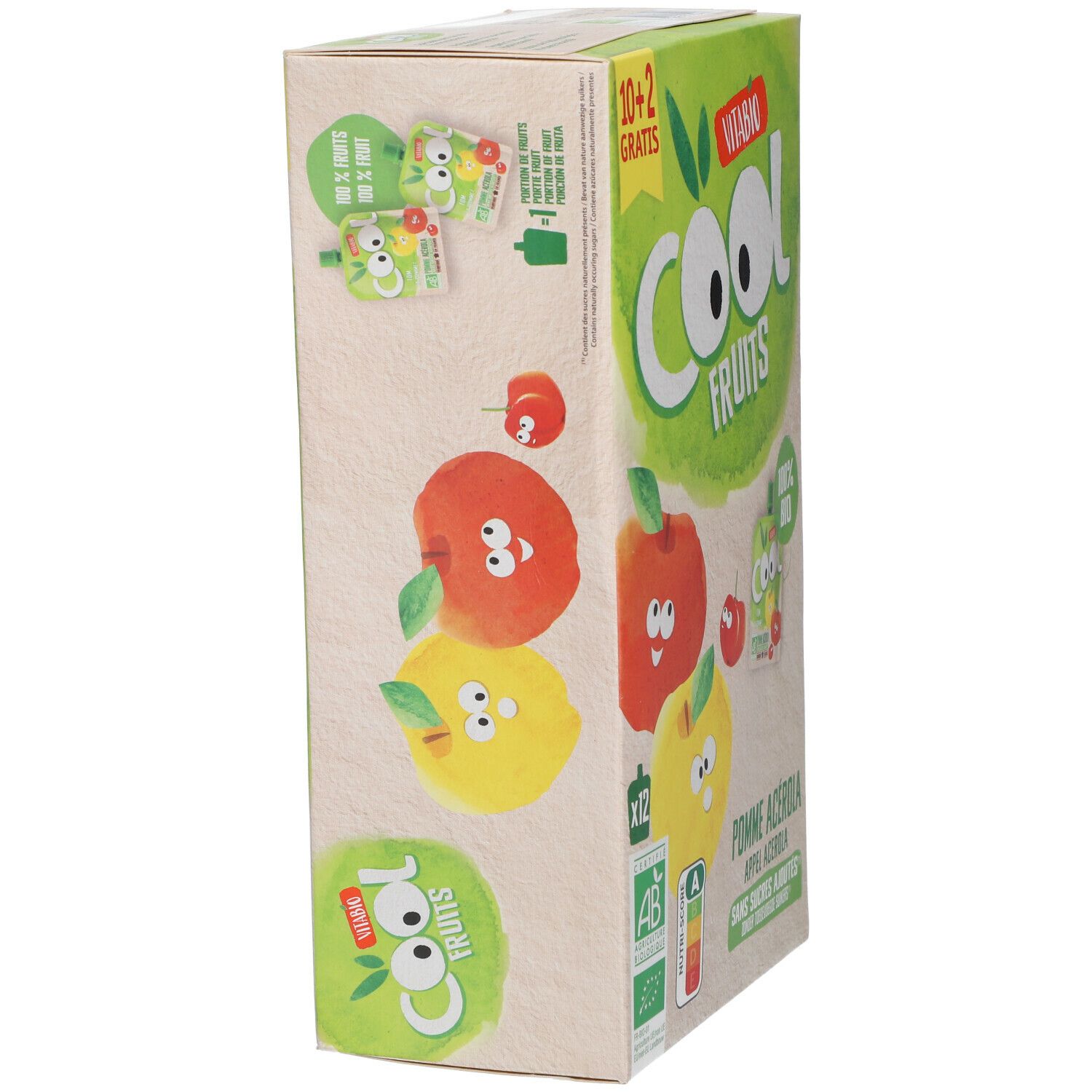 Doos Vitabio Cool Fruits Pomme Acerola. Opschriften: 10+2 gratis, biologisch label, Nutri-Score. Illustraties van appels en puree-zakjes.
