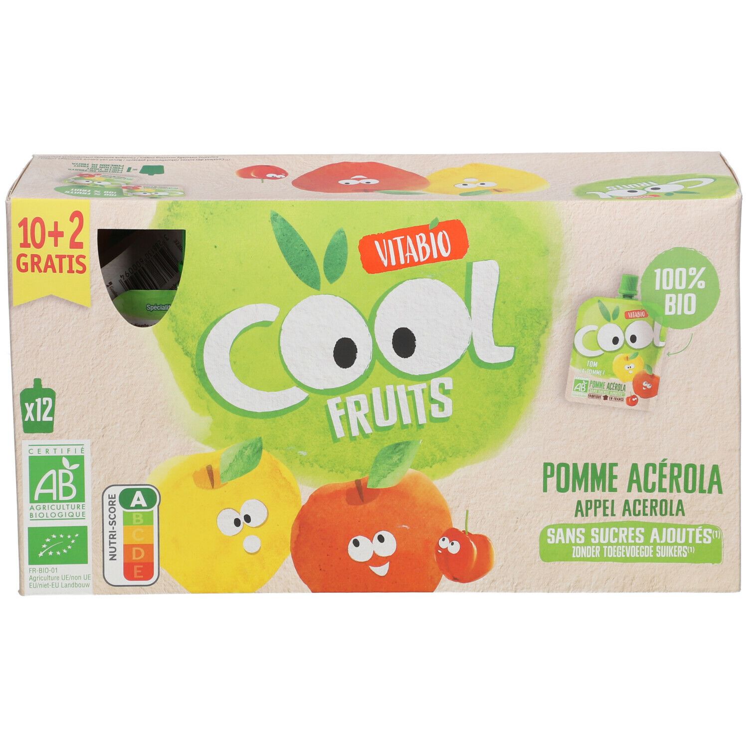 Doos Vitabio Cool Fruits Pomme Acerola. Opschriften: 10+2 gratis, biologisch label, Nutri-Score. Illustraties van appels en puree-zakjes.