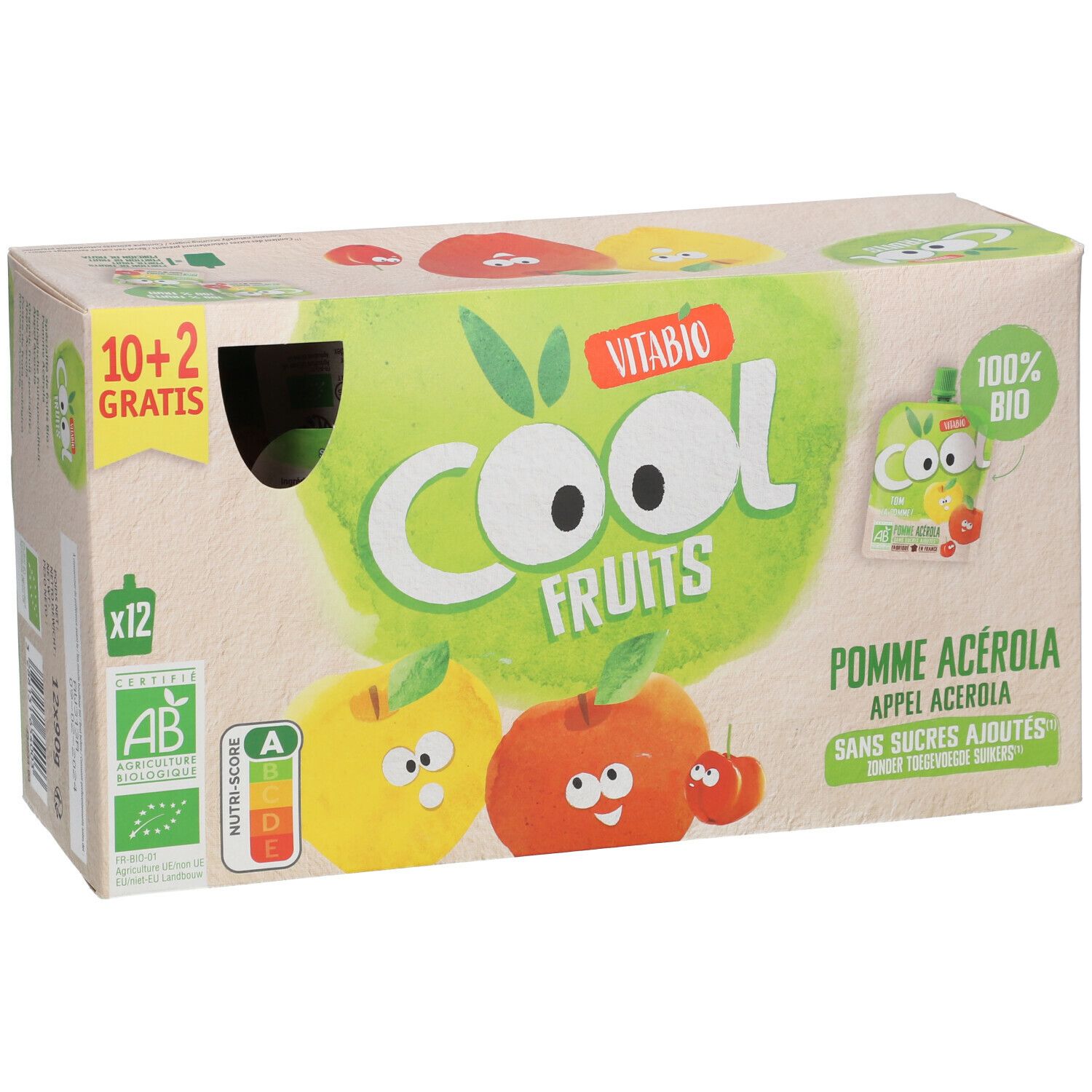 Doos Vitabio Cool Fruits Pomme Acerola. Opschriften: 10+2 gratis, biologisch label, Nutri-Score. Illustraties van appels en puree-zakjes.