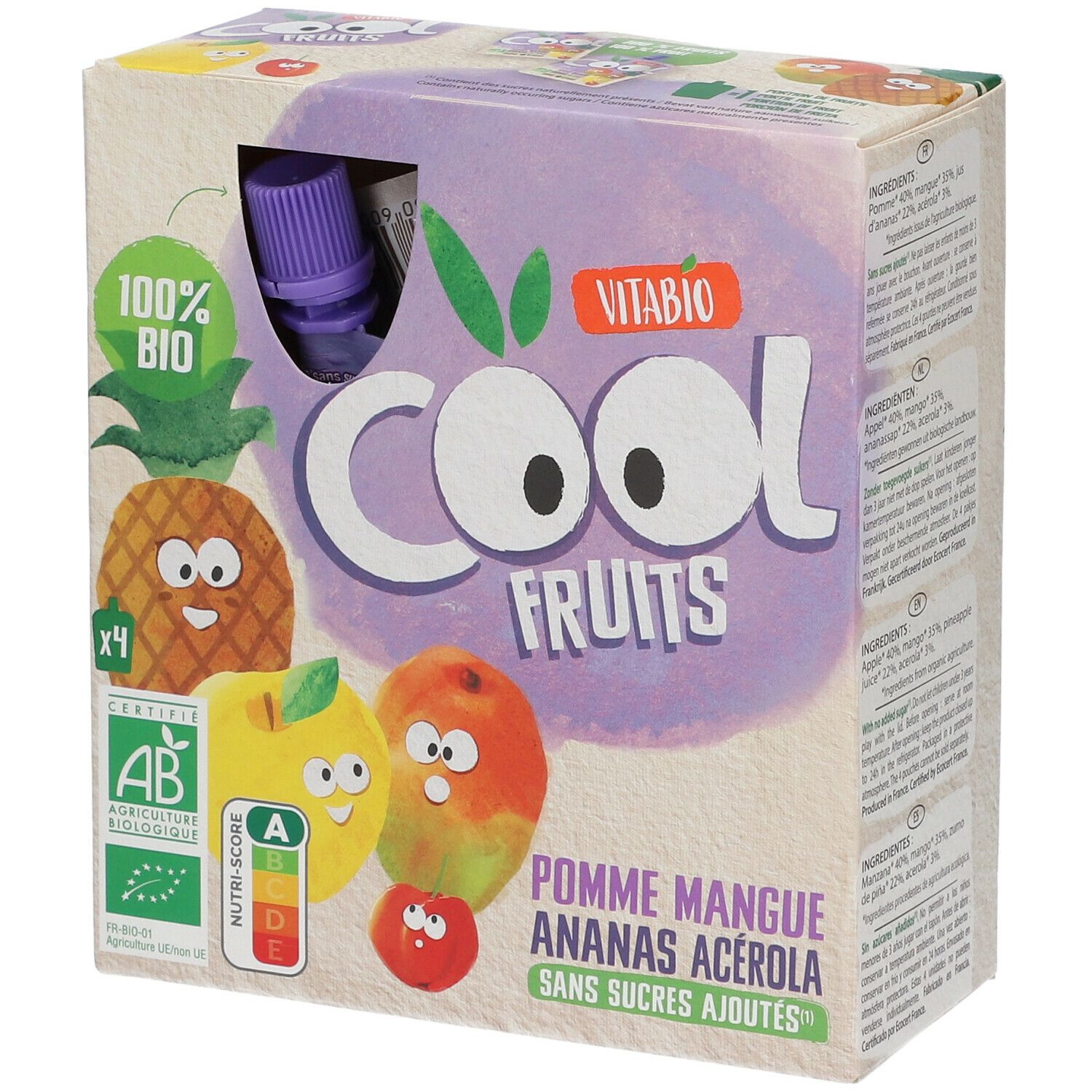 Verpakking VITABIO Cool Fruits. Opschriften: 100% Bio, AB-keurmerk, Nutri-Score, Cool Fruits, Pomme Mangue Ananas Acerola, sans sucres ajoutés.