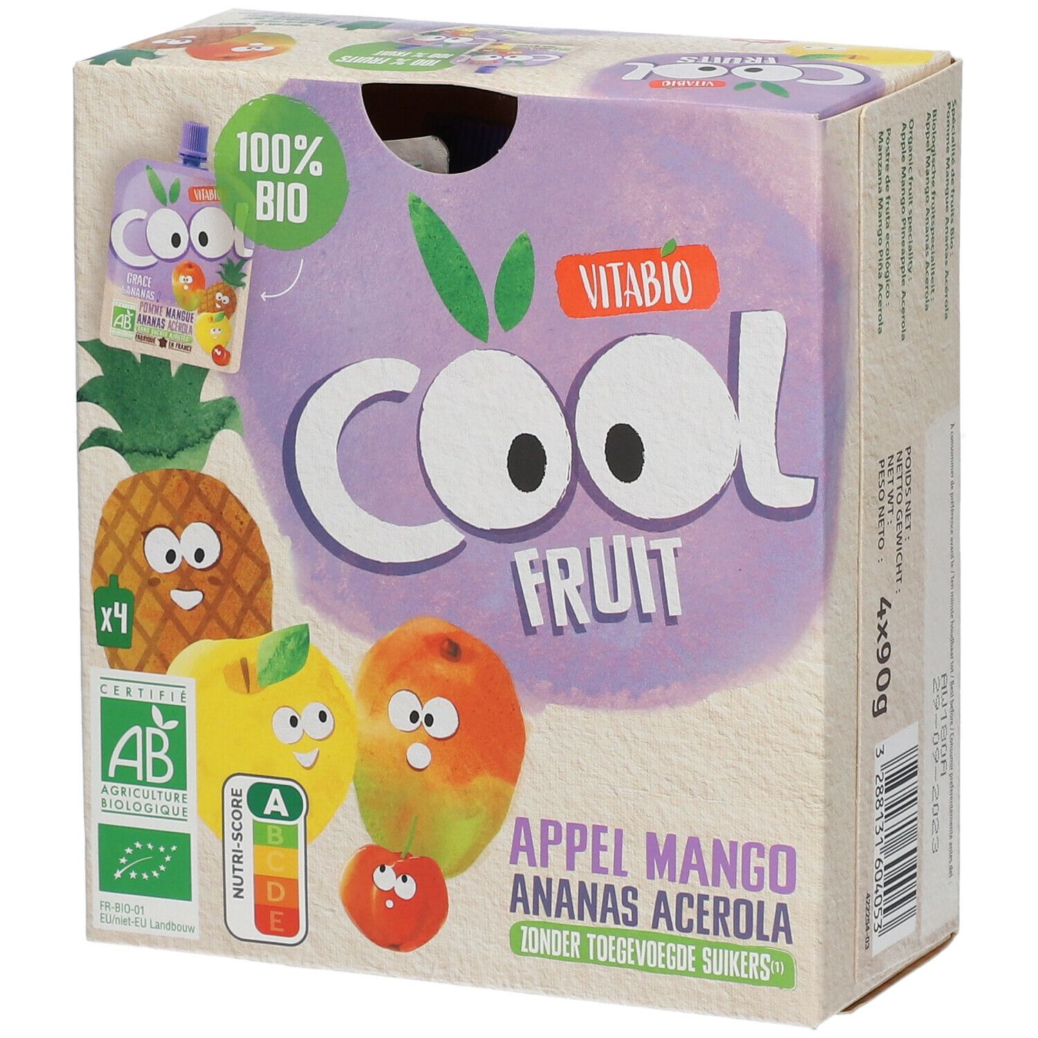 Verpakking VITABIO Cool Fruits. Opschriften: 100% Bio, AB-keurmerk, Nutri-Score, Cool Fruit, Appel Mango Ananas Acerola, zonder toegevoegde suikers.