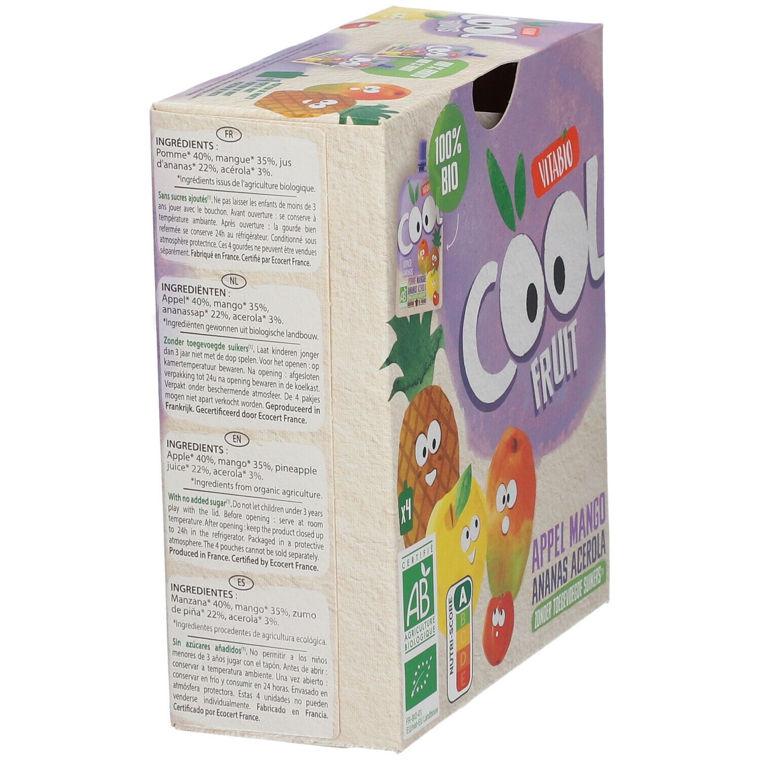 Verpakking VITABIO Cool Fruits. Opschriften: ingrediëntenlijst, 100% Bio, AB-keurmerk, Cool Fruit, Appel Mango Ananas Acerola, zonder toegevoegde suikers.