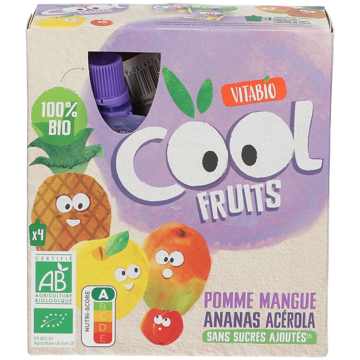 Verpakking VITABIO Cool Fruits. Opschriften: 100% Bio, AB-keurmerk, Nutri-Score, Cool Fruits, Pomme Mangue Ananas Acerola, sans sucres ajoutés.