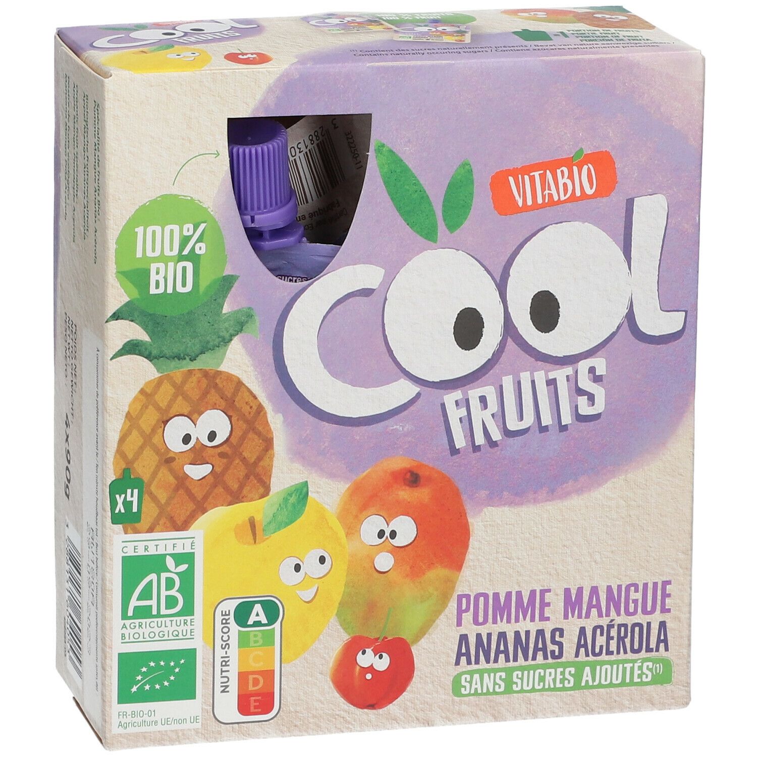 Verpakking VITABIO Cool Fruits. Opschriften: 100% Bio, AB-keurmerk, Nutri-Score, Cool Fruits, Pomme Mangue Ananas Acerola, sans sucres ajoutés.
