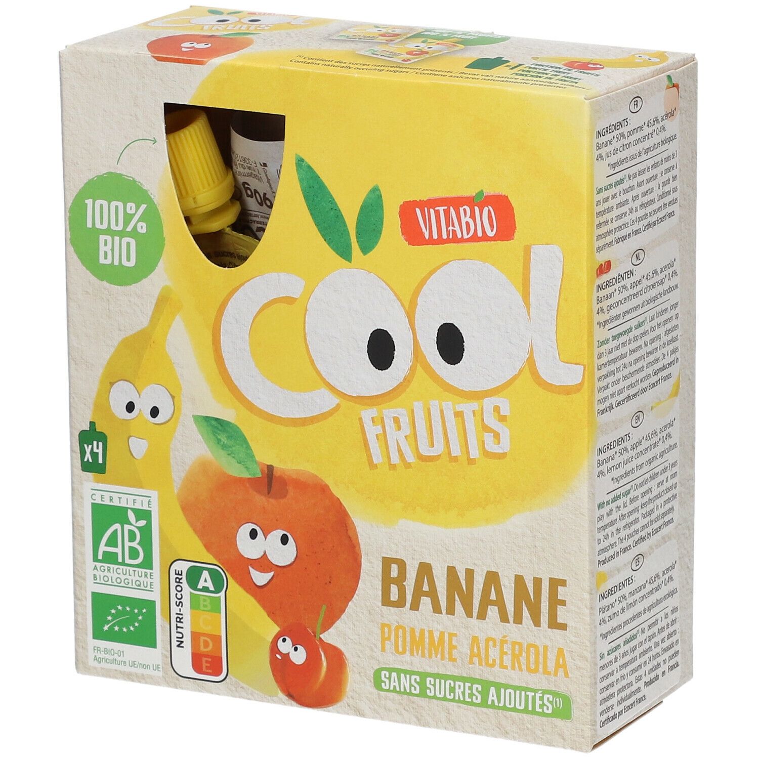 Verpakking Vitabio Cool Fruits. Opschriften: Banane Pomme Acerola, 100% Bio, AB-certificering, Nutri-Score.