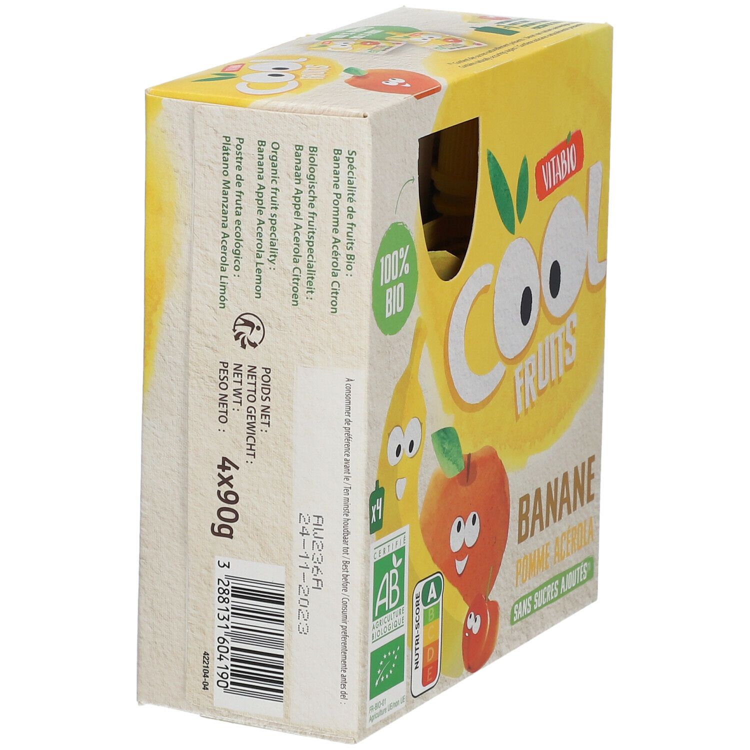 Zijaanzicht van de Vitabio Cool Fruits verpakking. Opschriften: Banane Pomme Acerola, 100% Bio, AB-certificering, Nutri-Score.