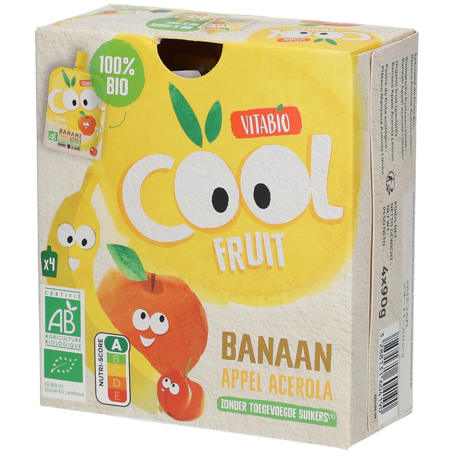 Verpakking Vitabio Cool Fruits. Opschriften: Banaan Appel Acerola, 100% Bio, AB-certificering, Nutri-Score.