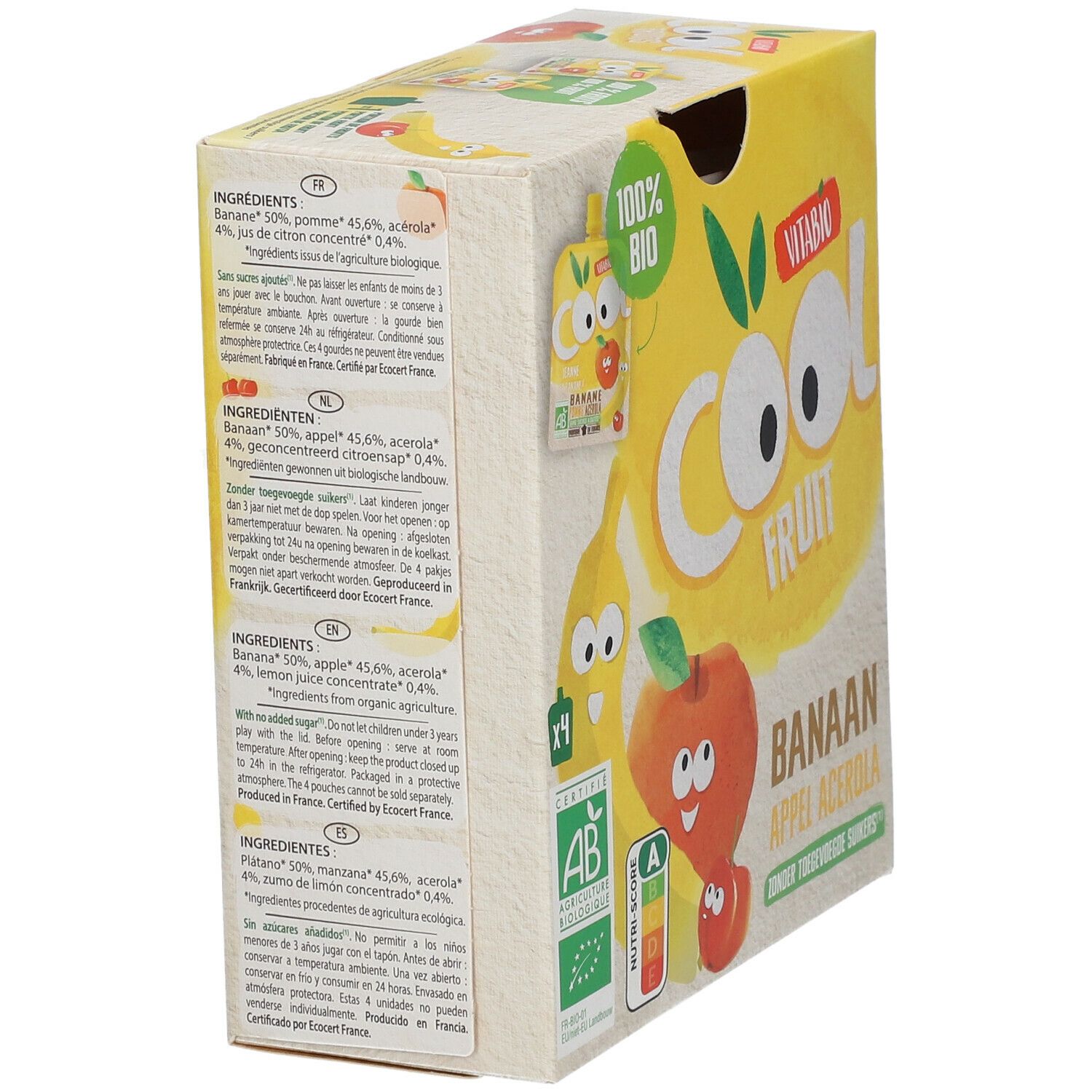 Zijaanzicht van de Vitabio Cool Fruits verpakking. Opschriften: Banaan Appel Acerola, 100% Bio, AB-certificering, Nutri-Score.