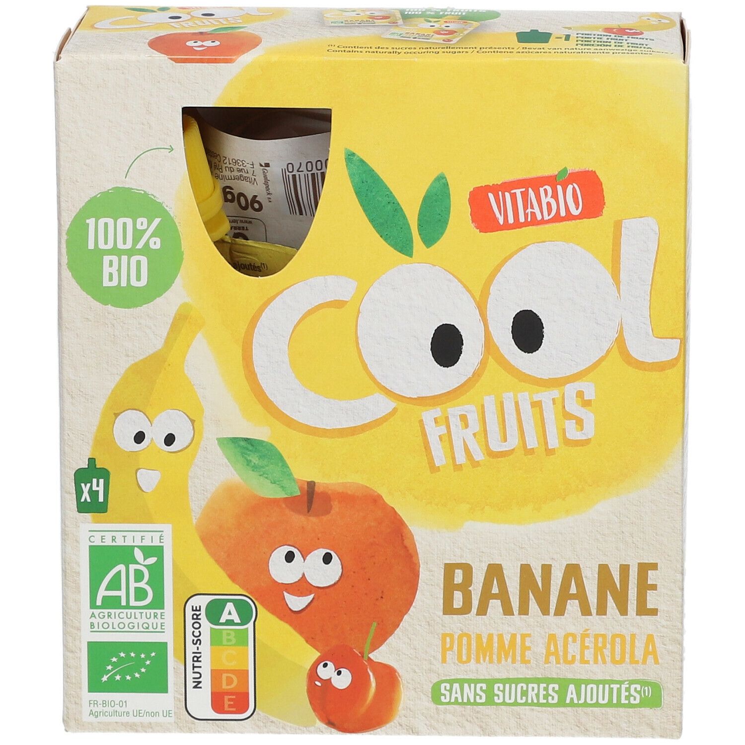 Verpakking Vitabio Cool Fruits. Opschriften: Banane Pomme Acerola, 100% Bio, AB-certificering, Nutri-Score.